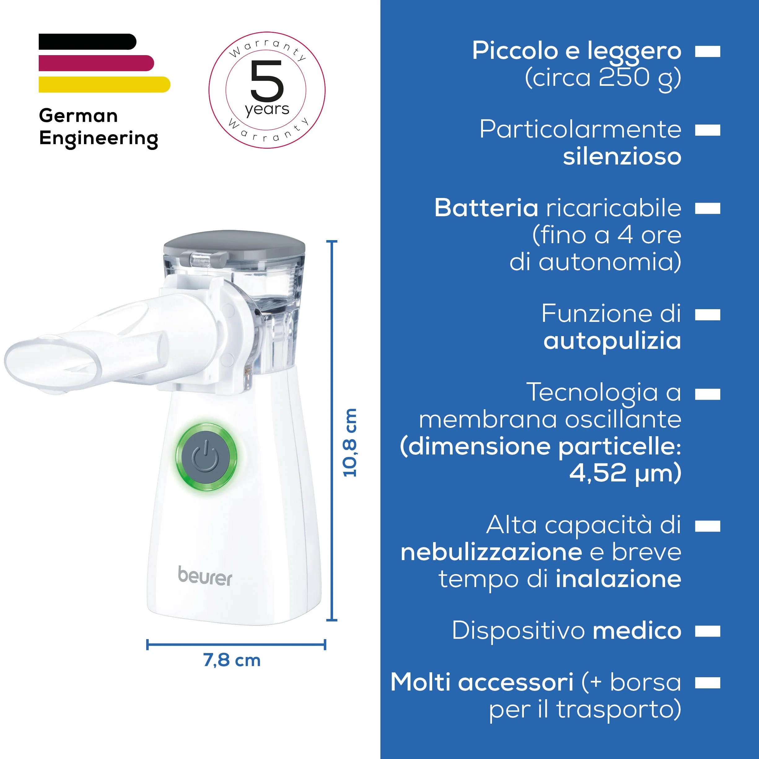 Beurer IH 57 Inalatore a Membrana Vibrante con Tecnologia Intelligente, Orientabile 45°, Breve Tempo di Inalazione