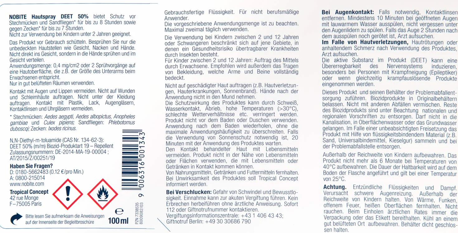 NOBITE Spray Antizanzare 100ml 50% DEET Repellente Insetti