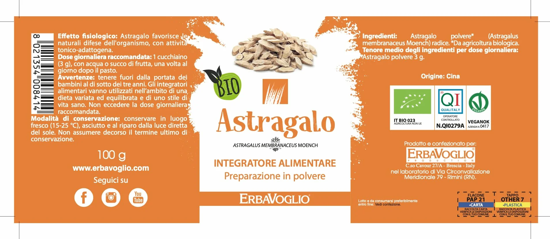 Erbavoglio Polvere di Astragalo Bio 100 g Integratore Alimentare Biologico