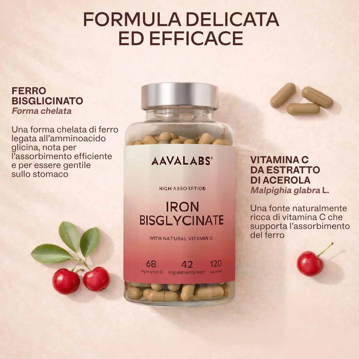 Integratore Ferro e Vitamina C Naturale - Ferro Bisglicinato 42mg Integratori Stanchezza Fisica e Mentale, Globuli Rossi, Sistema Immunitario - Ferro Integratore Forte Alto Assorbimento - 120 Capsule