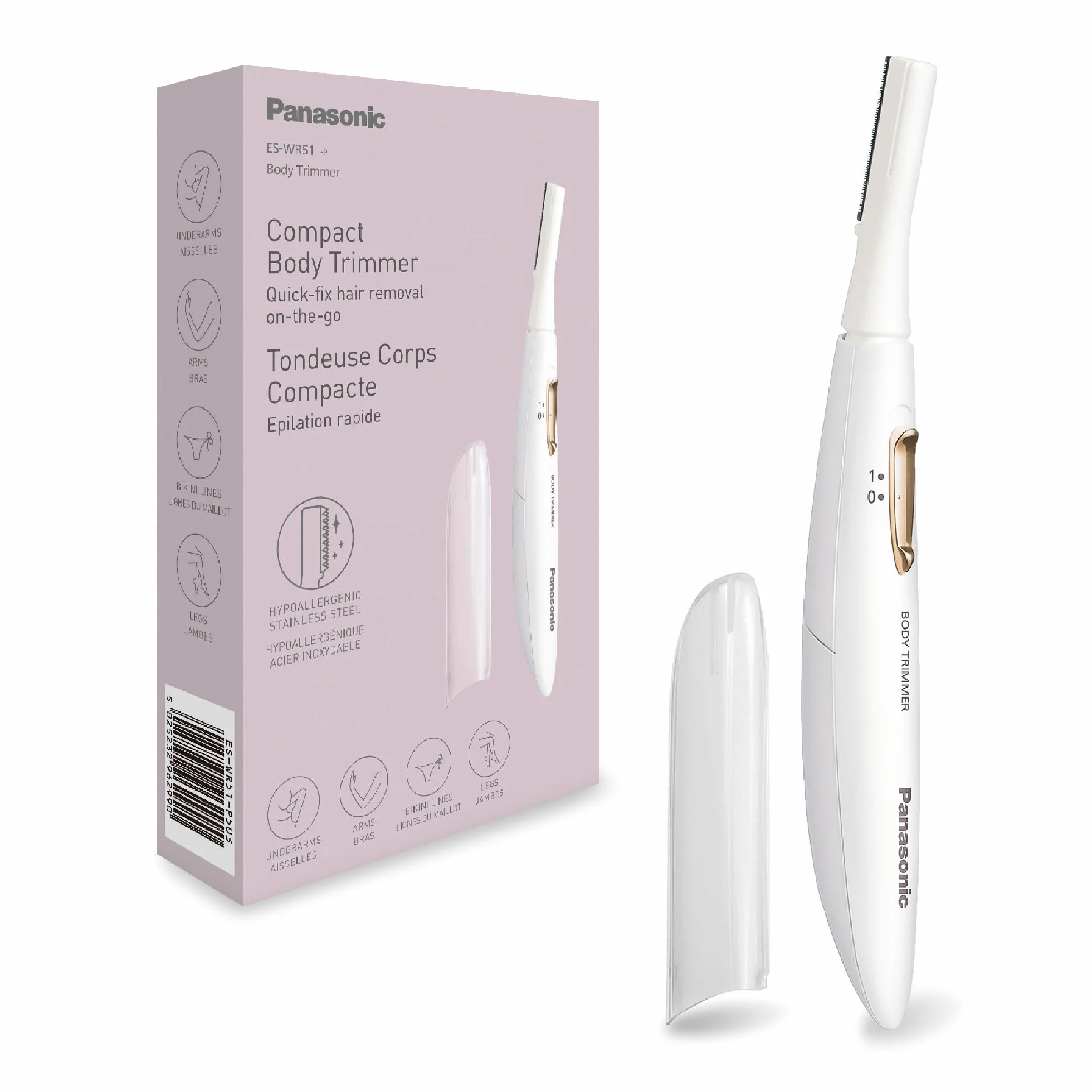 Panasonic ES-WR51 Epilatore Compatto per il Corpo, Rasoio da Donna, a Secco, Alimentato a Batteria (Necessaria 1 AAA), Cappuccio di Protezione, Spazzola di Pulizia, Bianco