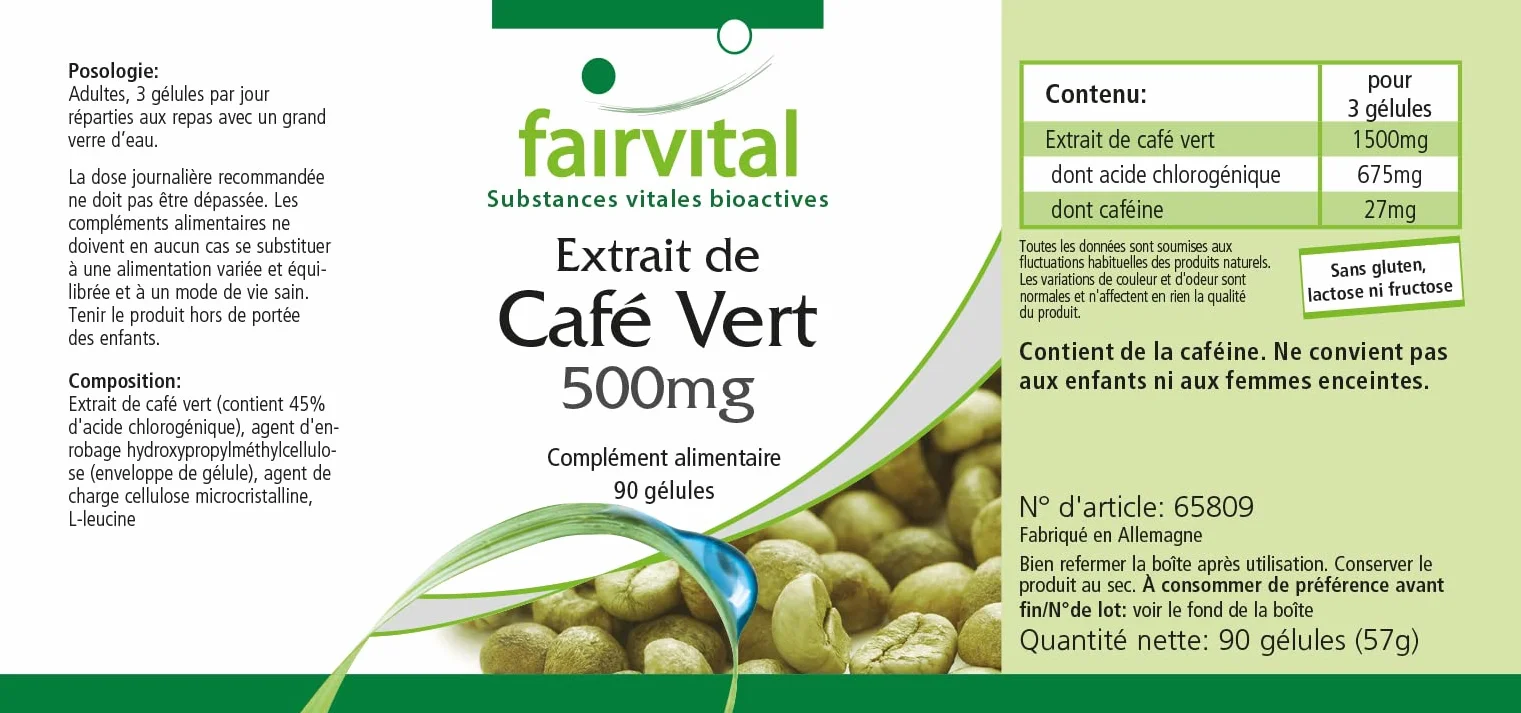 Fairvital Estratto di caffè verde 500 mg 90 capsule alto dosaggio standardizzato 45% acido clorogenico vegano