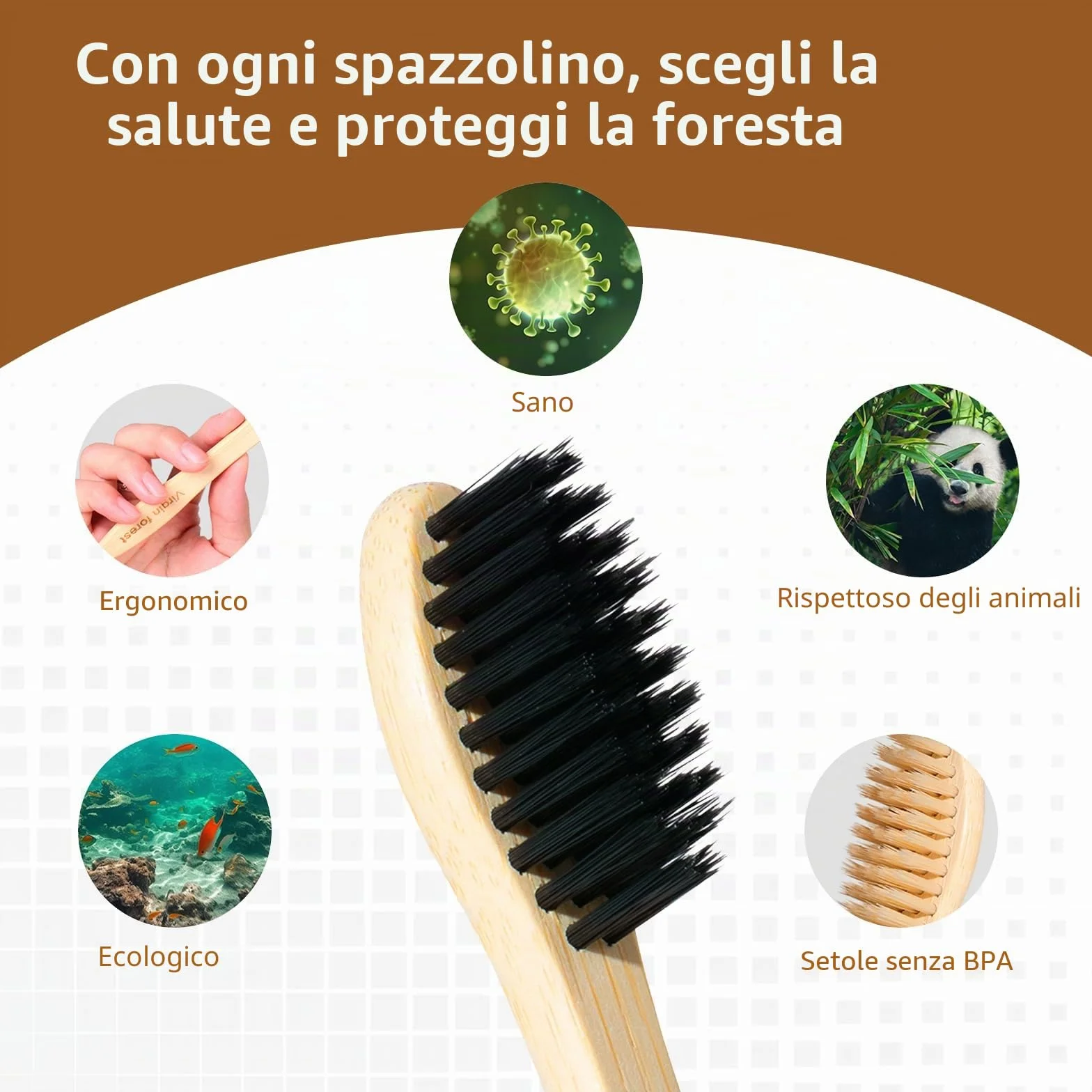 Spazzolino Bamboo Biodegradabile 10 Colori Setole Carbone Morbide Senza BPA