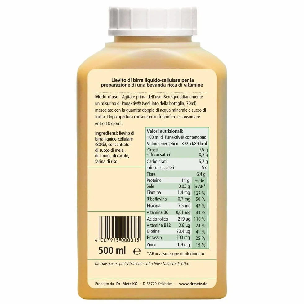 Panaktiv Lievito di birra liquido 500 ml vitamine B1 B2 B6 B12 acido folico biotina niacina potassio zinco
