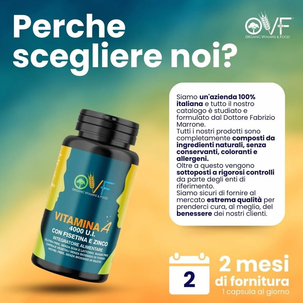 OVF Vitamina A Pura con Fisetina e Zinco - 60 Capsule con 4000 U.I. per dose giornaliera - Supporto alla Vista e al Sistema Immunitario - Vitamina A da Retinolo