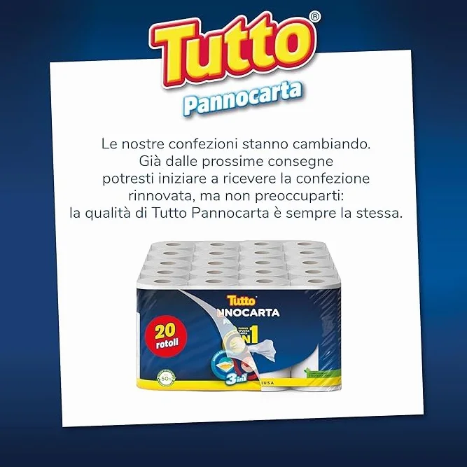 Tutto Pannocarta 3 in 1, 24 Rotoli Carta Multiuso, Extra Assorbente, Lavabile, Riutilizzabile, Made in Italy