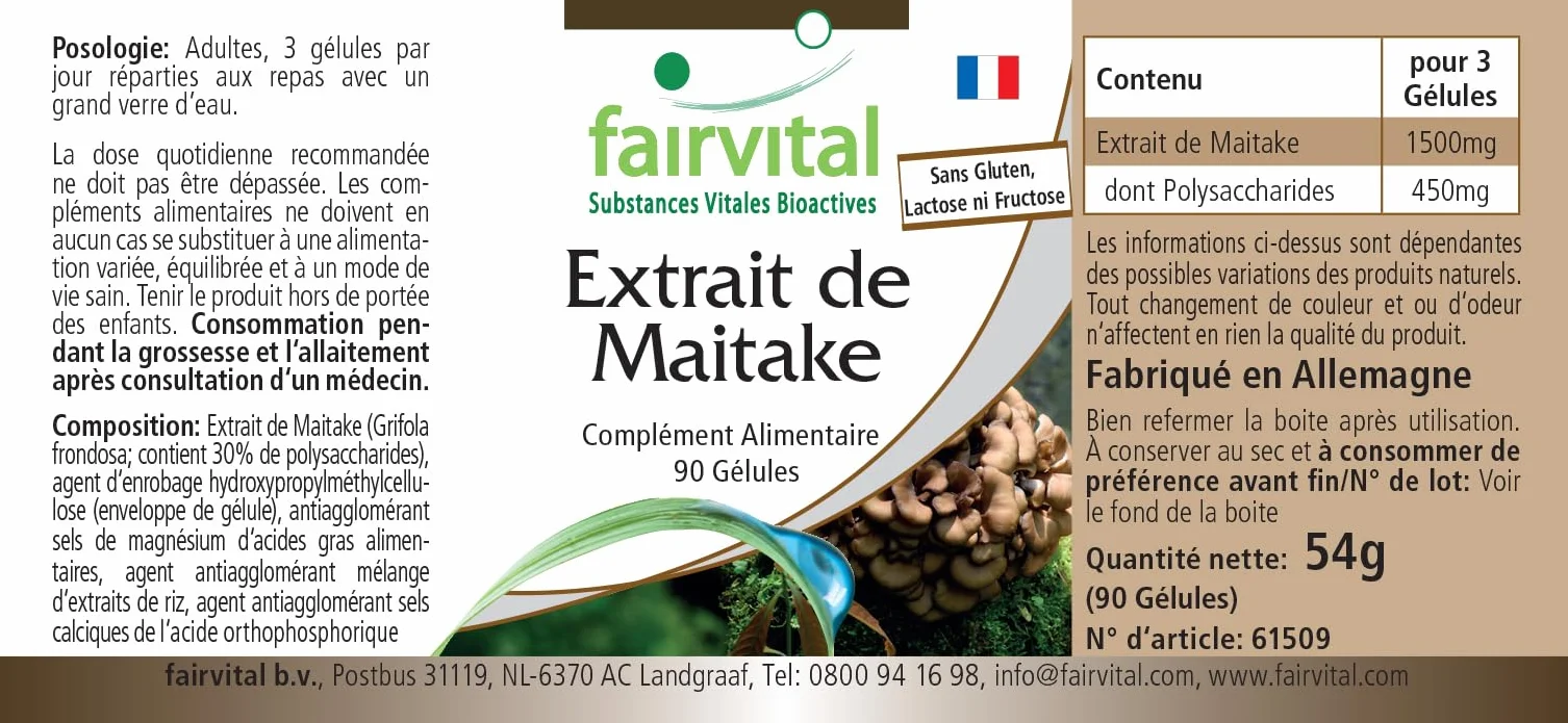 fairvital Estratto di Maitake 500 mg, 90 capsule, facili da deglutire, ALTO DOSAGGIO, Grifola frondosa, 30% di polisaccaridi, VEGANO