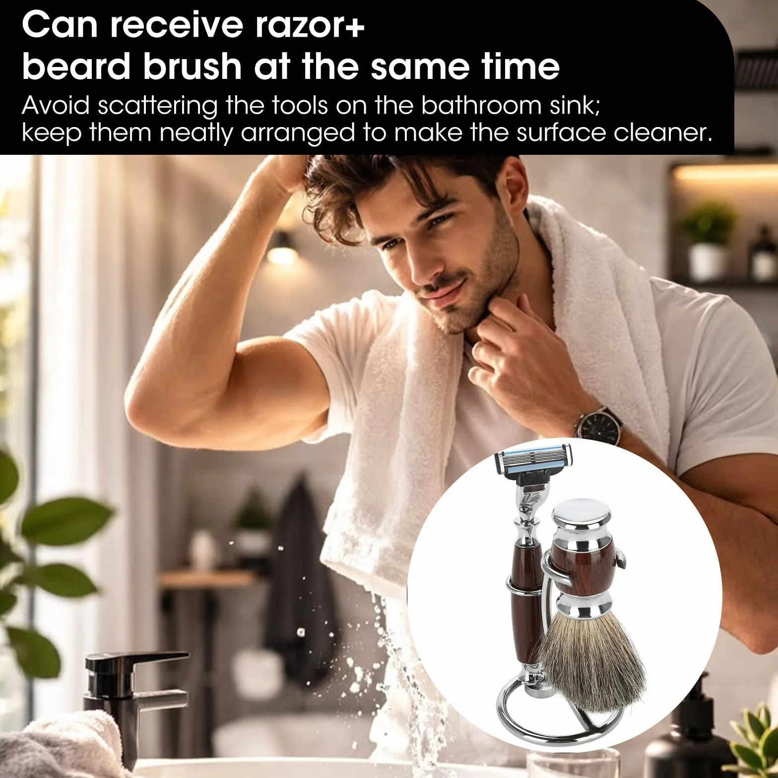 2 in 1 Supporto per Pennello da Rasoio In Acciaio Inox Portatile Supporto per Pennello da Barba Supporto per Rasoio e Pennello da Rasatura per Uomo Domestico e in Viaggio Argento