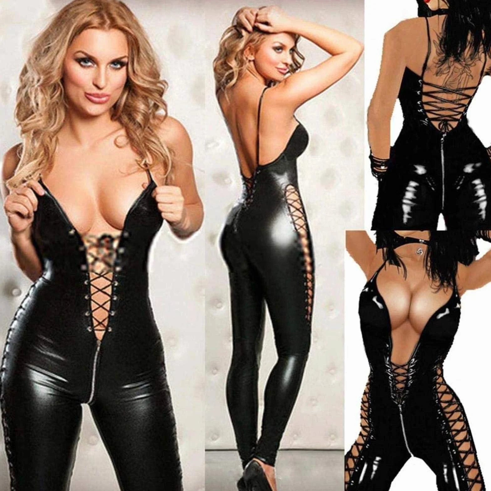 Tuta da Donna Sexy Catsuit Senza Maniche con Zip Lingerie Sessuale in Pelle