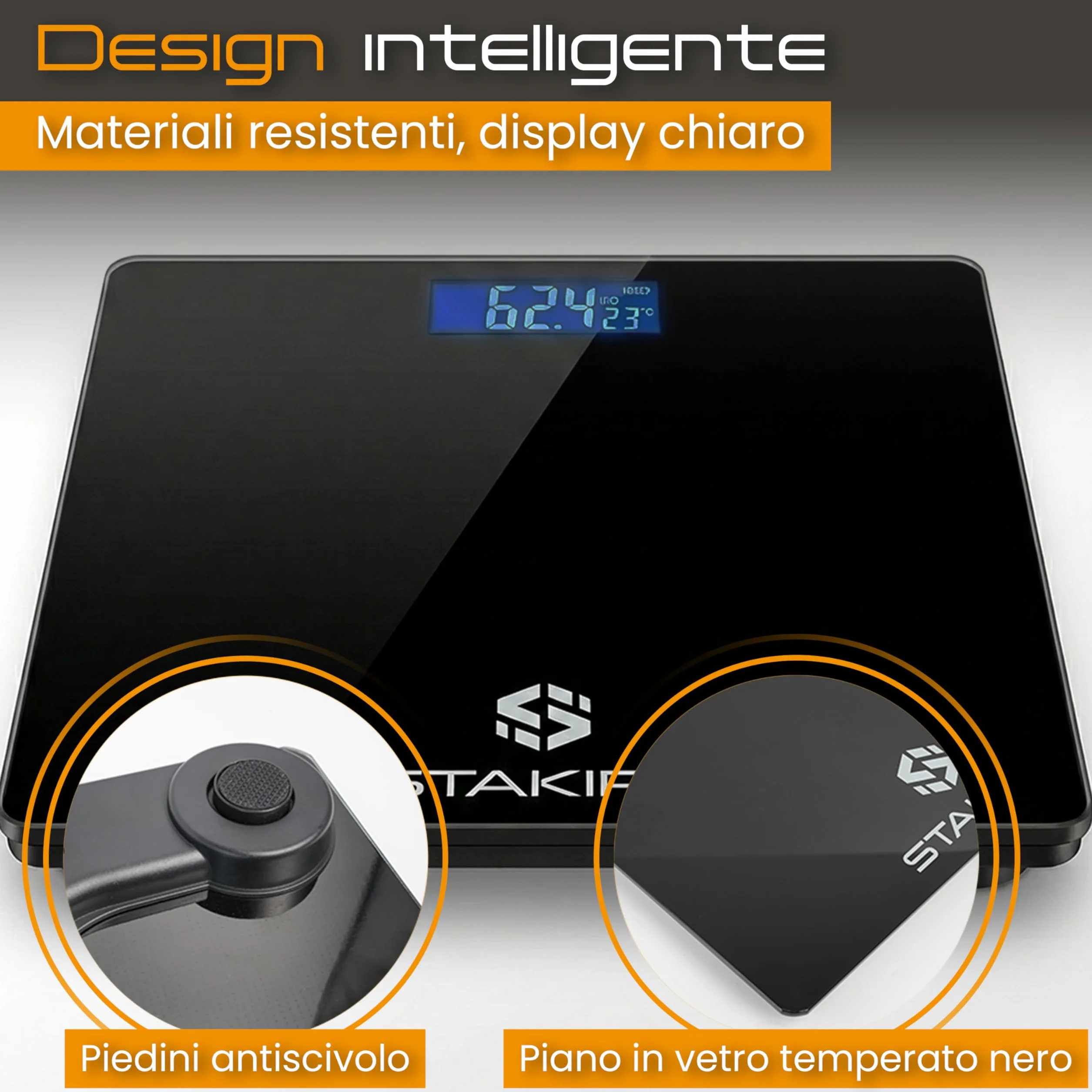 Bilancia Pesapersone Digitale STAKIRA 180 kg 0.1 kg USB Ricaricabile Display LCD Vetro Temperato Nero Temperatura Integrata 26x26 cm