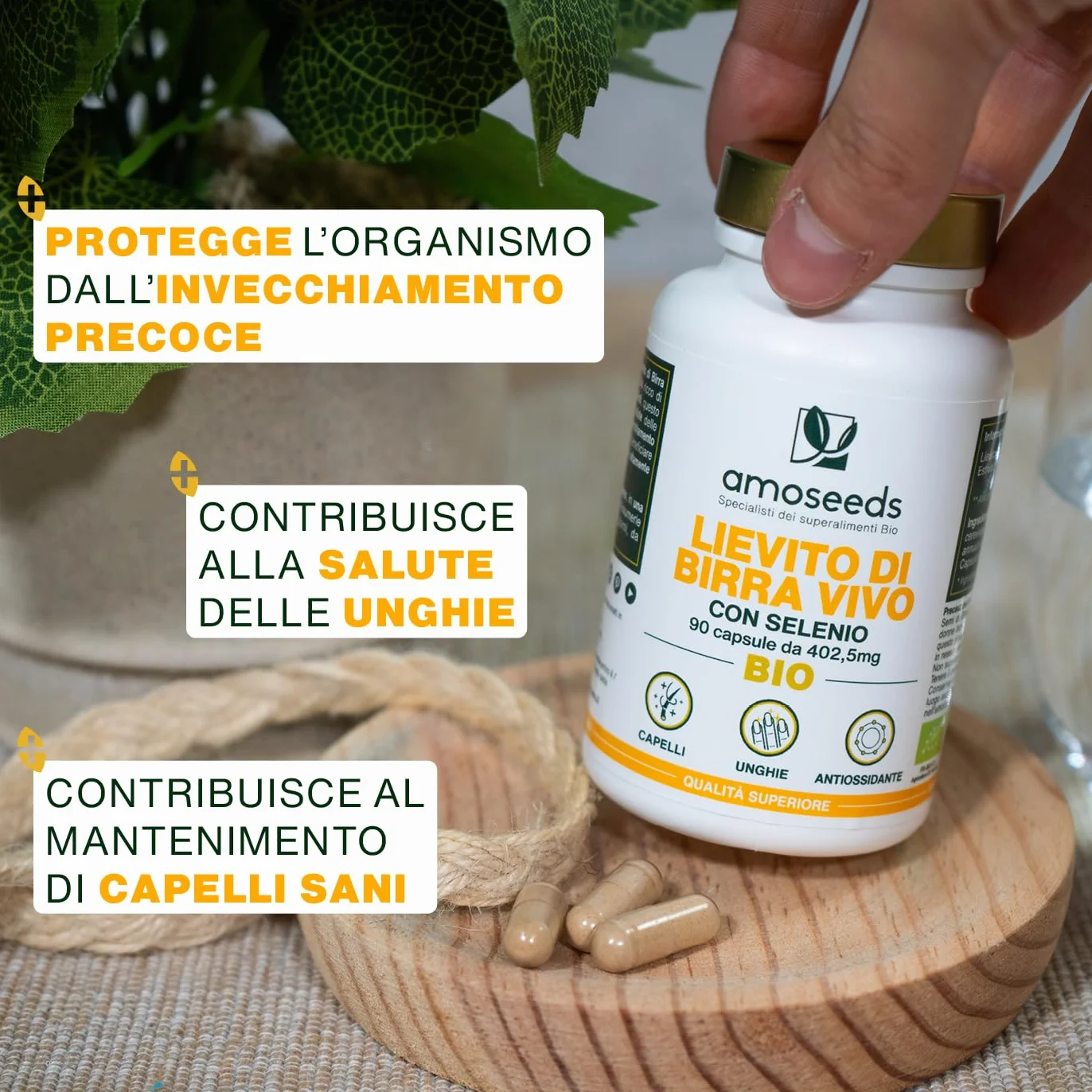 Lievito di Birra Vivo BIO 1200mg Selenio 90 capsule vegane per Capelli e Unghie