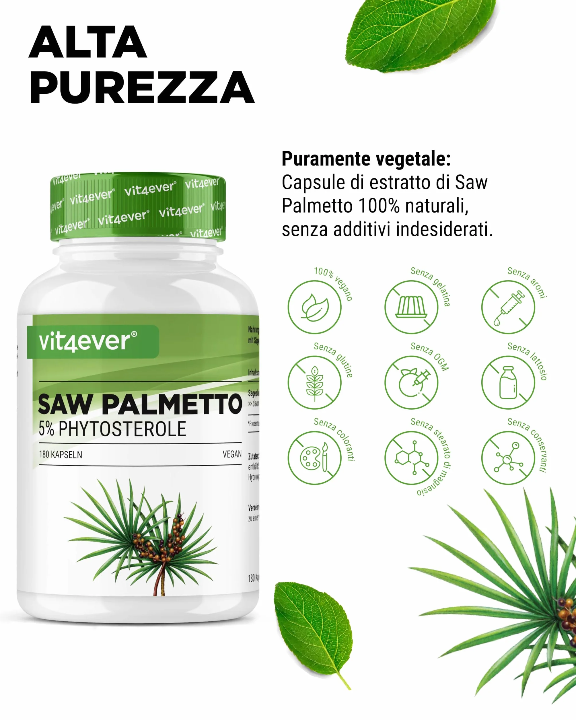 Vit4ever Estratto di Saw Palmetto 180 capsule 500 mg 5% fitosteroli 25 mg Vegano