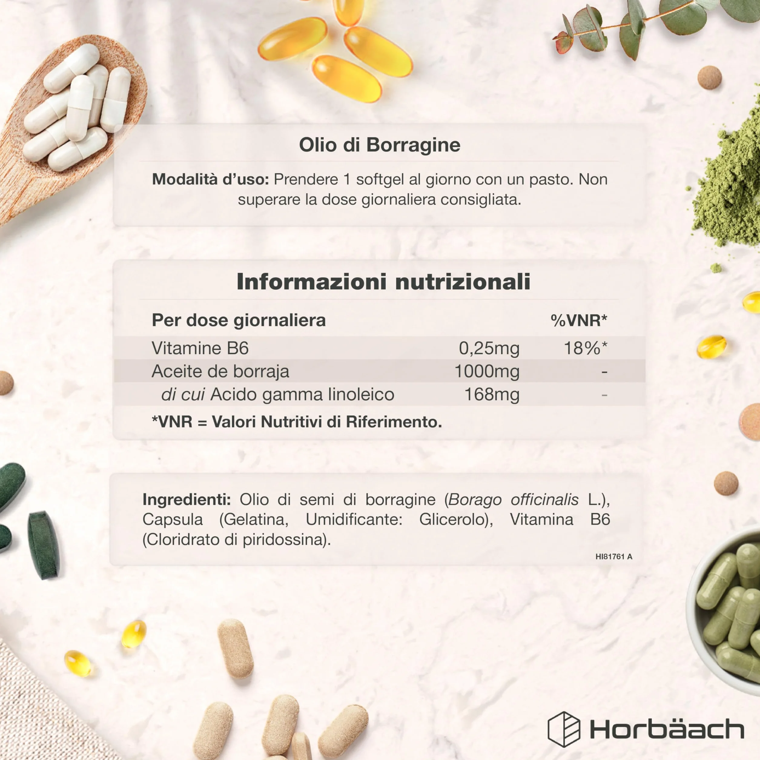 Olio di Borragine 1000mg Horbaach 120 Perle con Vitamina B6 e Acido Gamma Linoleico GLA