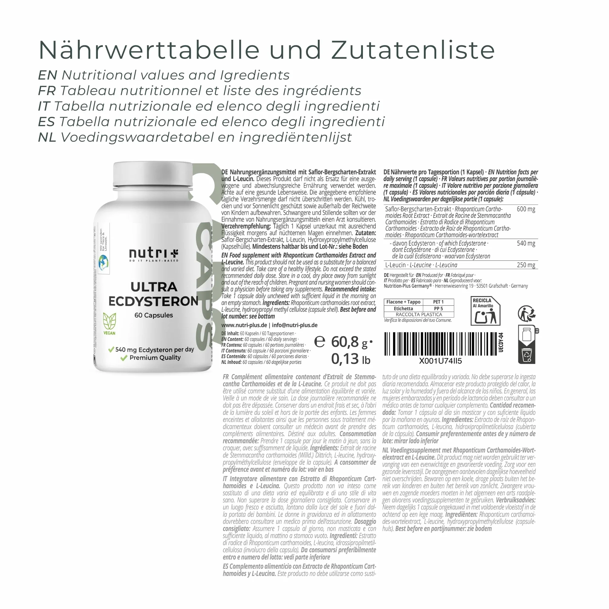 Nutri + Ultra Ecdysterone + Leucina Capsule alto Dosaggio - 790 mg Complesso Principi attivi per Capsula - 540 mg di beta Ecdisterone 90% + 250 mg di L-Leucina in Polvere vegana