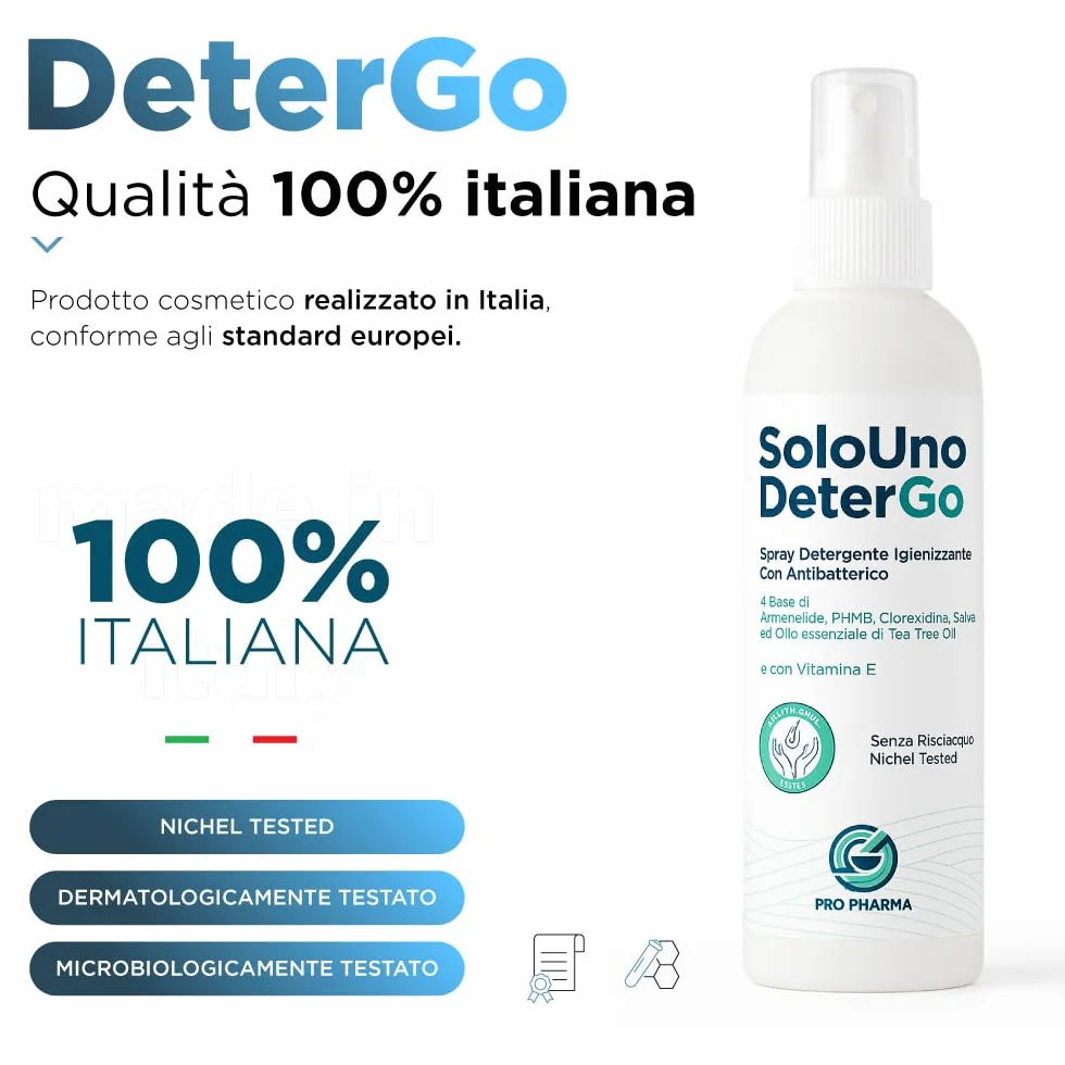 SoloUno DeterGo Spray detergente igienizzante con Clorexidina, vitamina E, antibatterico, senza risciacquo, 200 ml