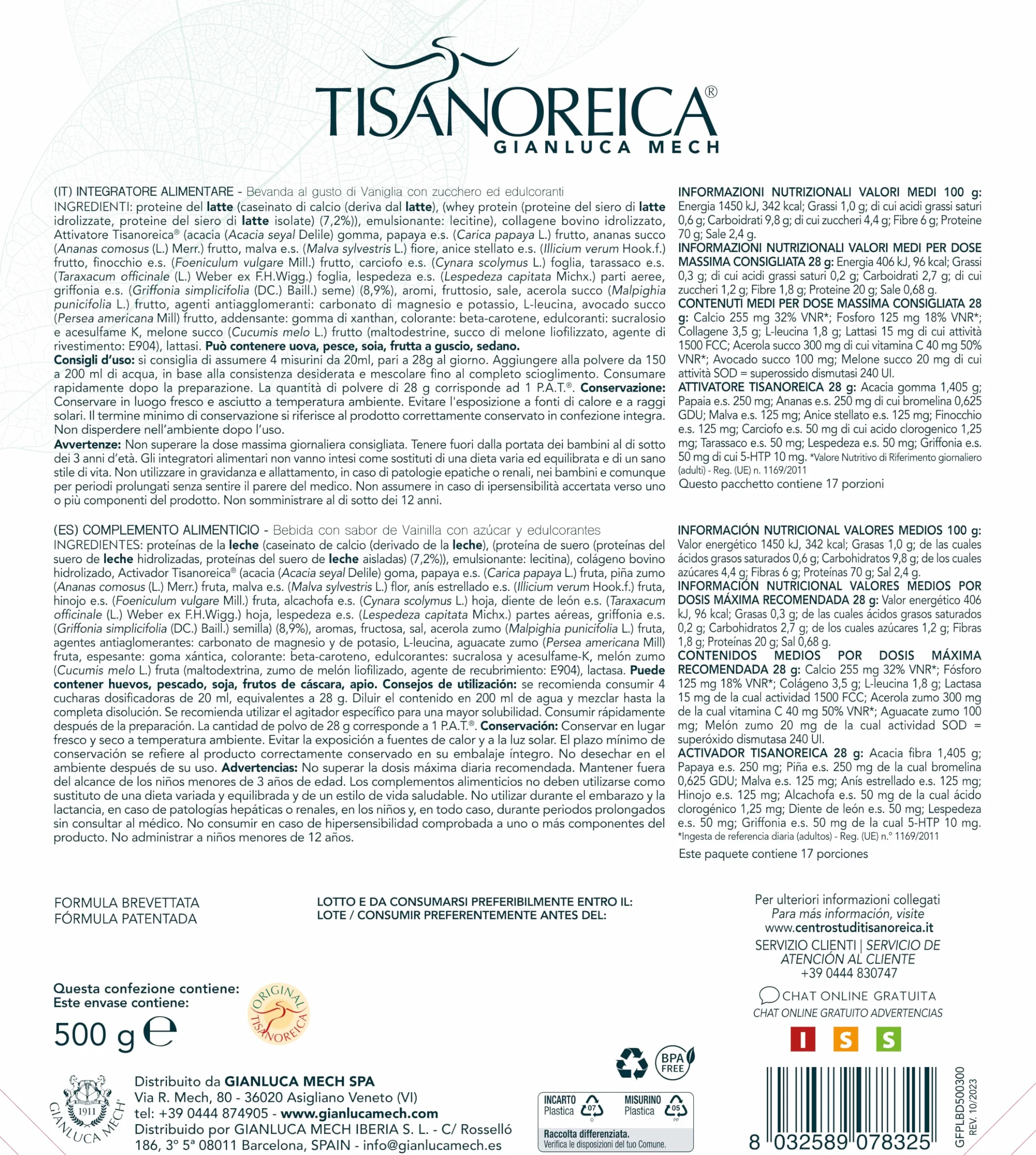 Gianluca Mech | Tisanoreica Bevanda Proteica al Gusto di Vaniglia, 500g, Integratore Alimentare Keto, 341kcal per 100g