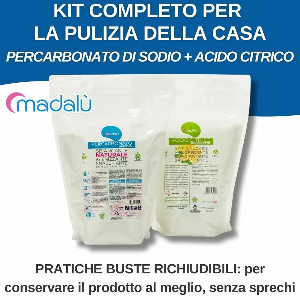 Kit Acido Citrico e Percarbonato di Sodio 1,5+1,5 Kg Sbiancante Bucato Anticalcare Antimuffa