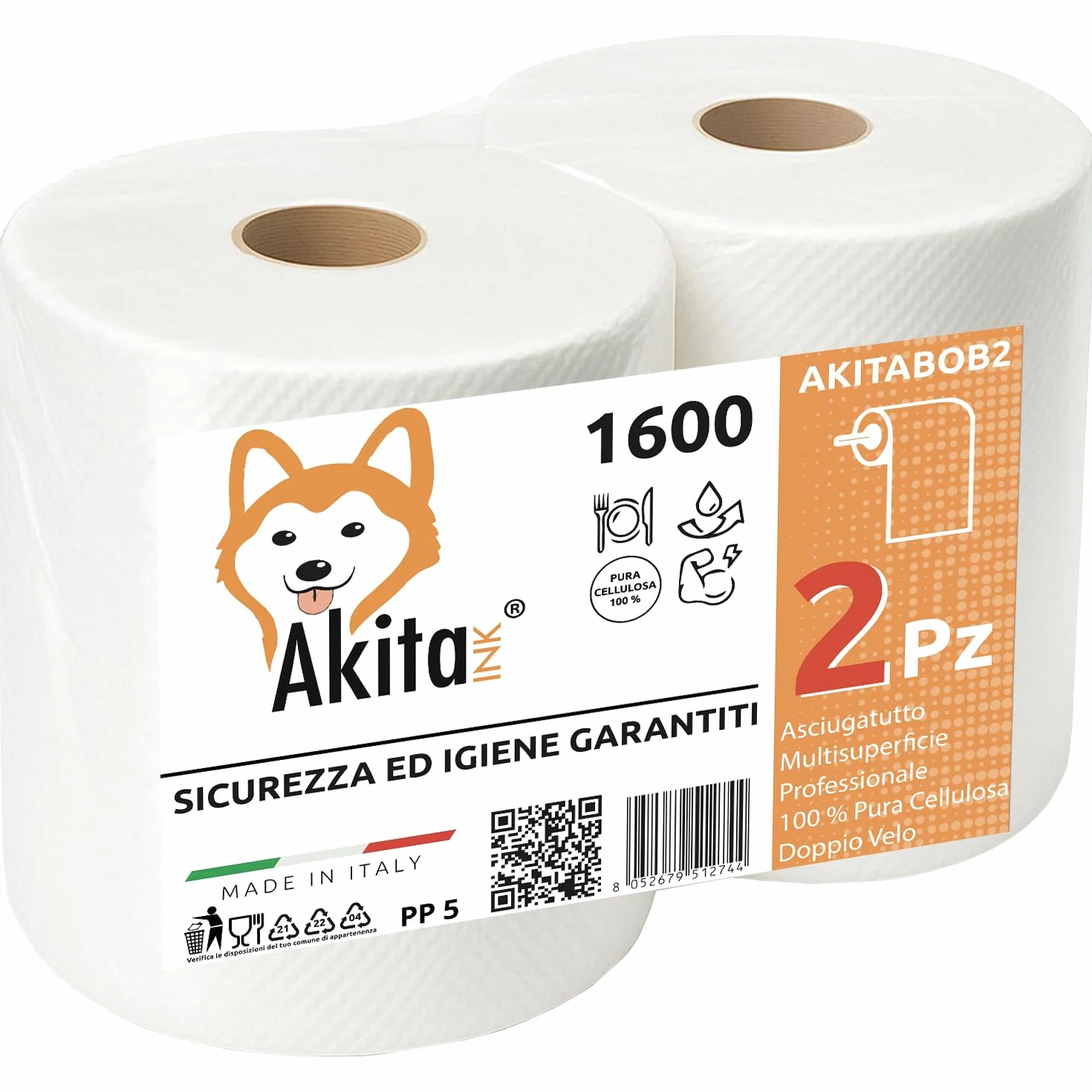 Carta Asciugatutto 2 Rotoli 1600 Lunga Durata Extra Resistente Bobina 2 Veli Pura Cellulosa Uso Alimentare