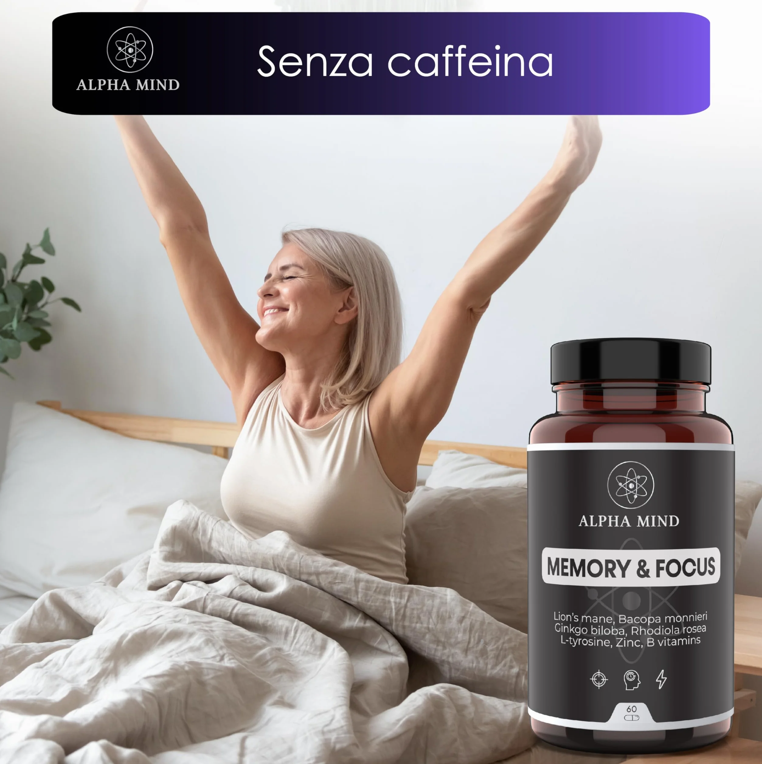 Nootropico Potente Naturale - Concentrazione, Memoria, Agilità Mentale - Con Lions mane, Ginkgo biloba, Bacopa Monnieri, Rhodiola Rosea, L Tirosina, Zinco, Vitamine B - Senza Caffeina