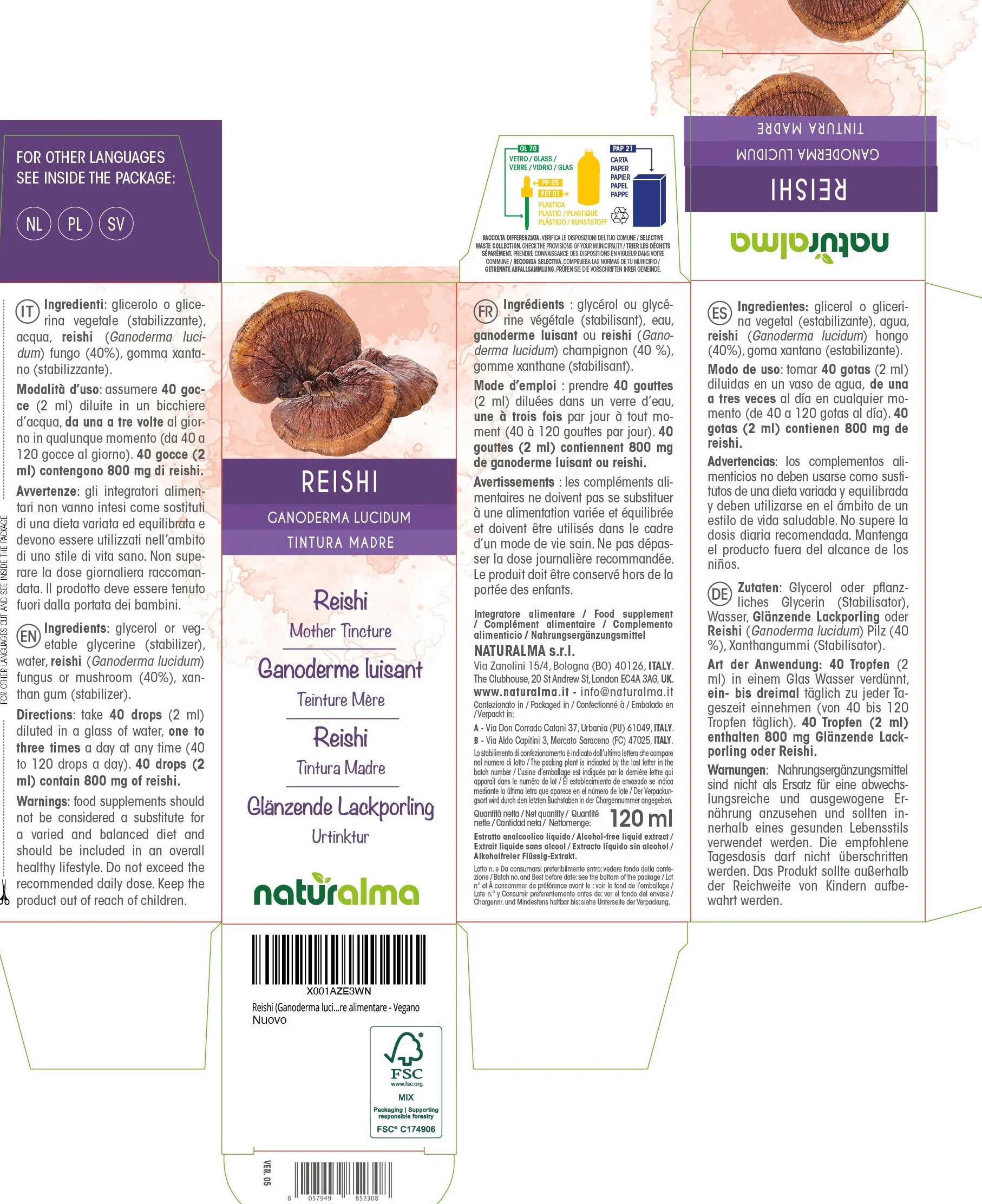 Reishi (Ganoderma lucidum) fungo Tintura Madre analcoolica Naturalma - Estratto liquido gocce 120 ml - Integratore alimentare - Vegano