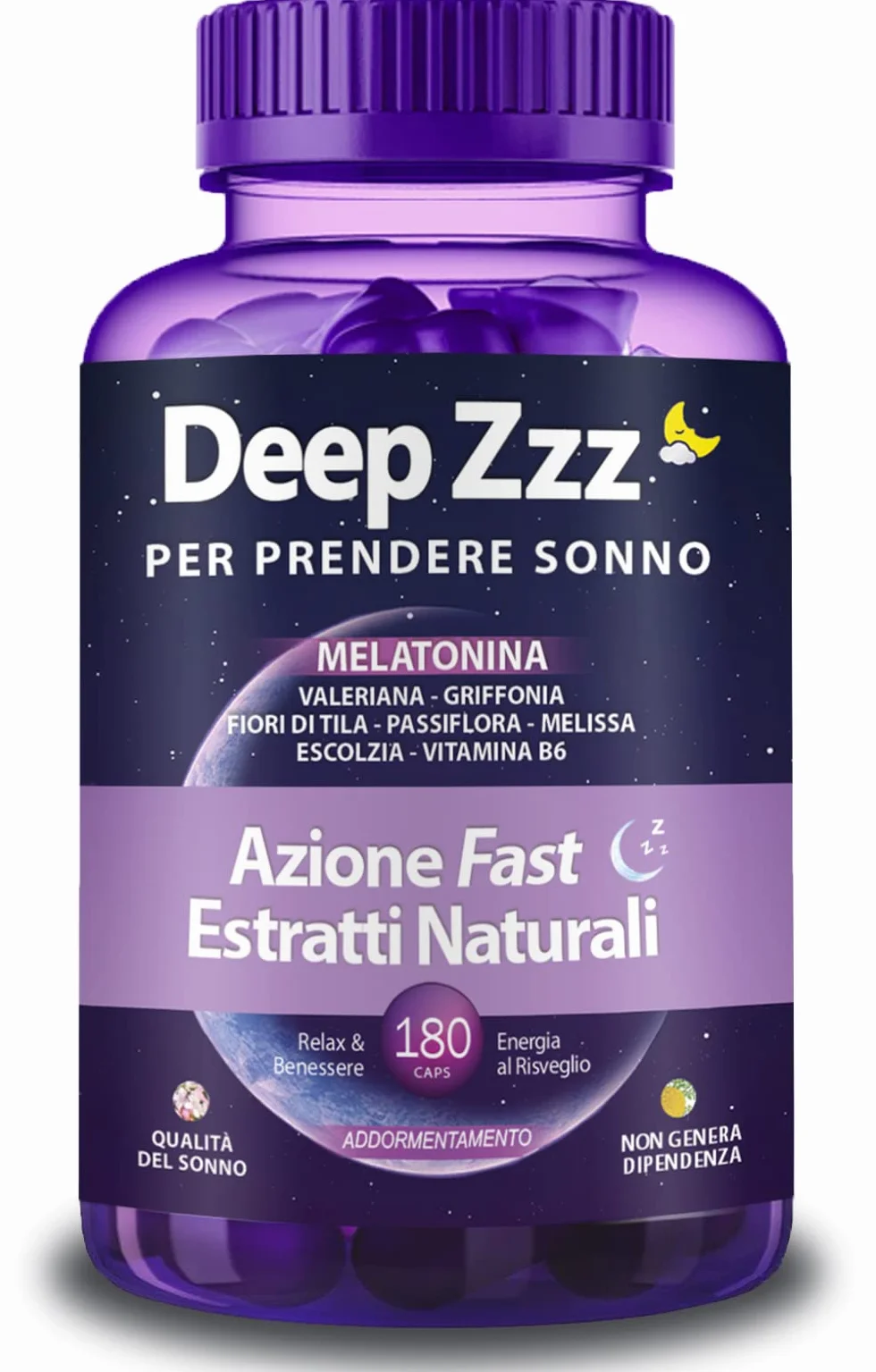 Melatonina DEEP ZZZ Sonnifero Naturale 180 Capsule Valeriana Griffonia Passiflora Melissa