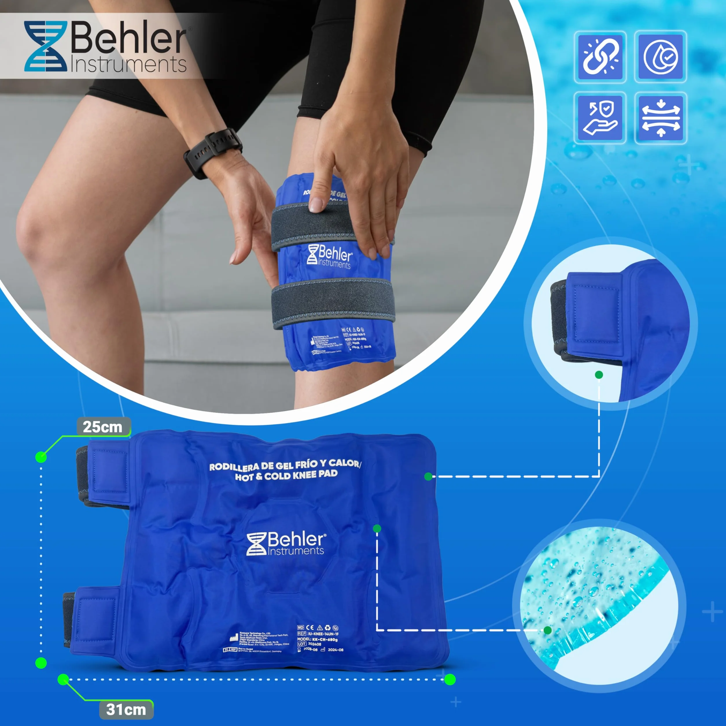Ghiaccio Gel Riutilizzabile per Ginocchio, Sollievo Dolore Lesioni, Cinghie Regolabili, Microonde Congelatore