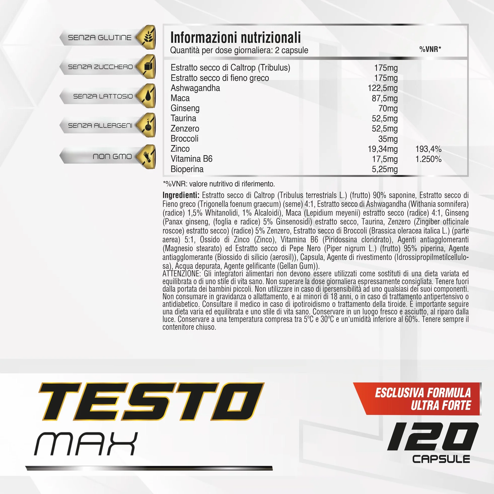 Booster di Testosterone per uomo | Energia, forza, muscolazione e vigore | Maca Andina, Ginseng, Tribulus e Taurina | Aumenta l'energia e migliora le prestazioni sportive e muscolari | 120 caps