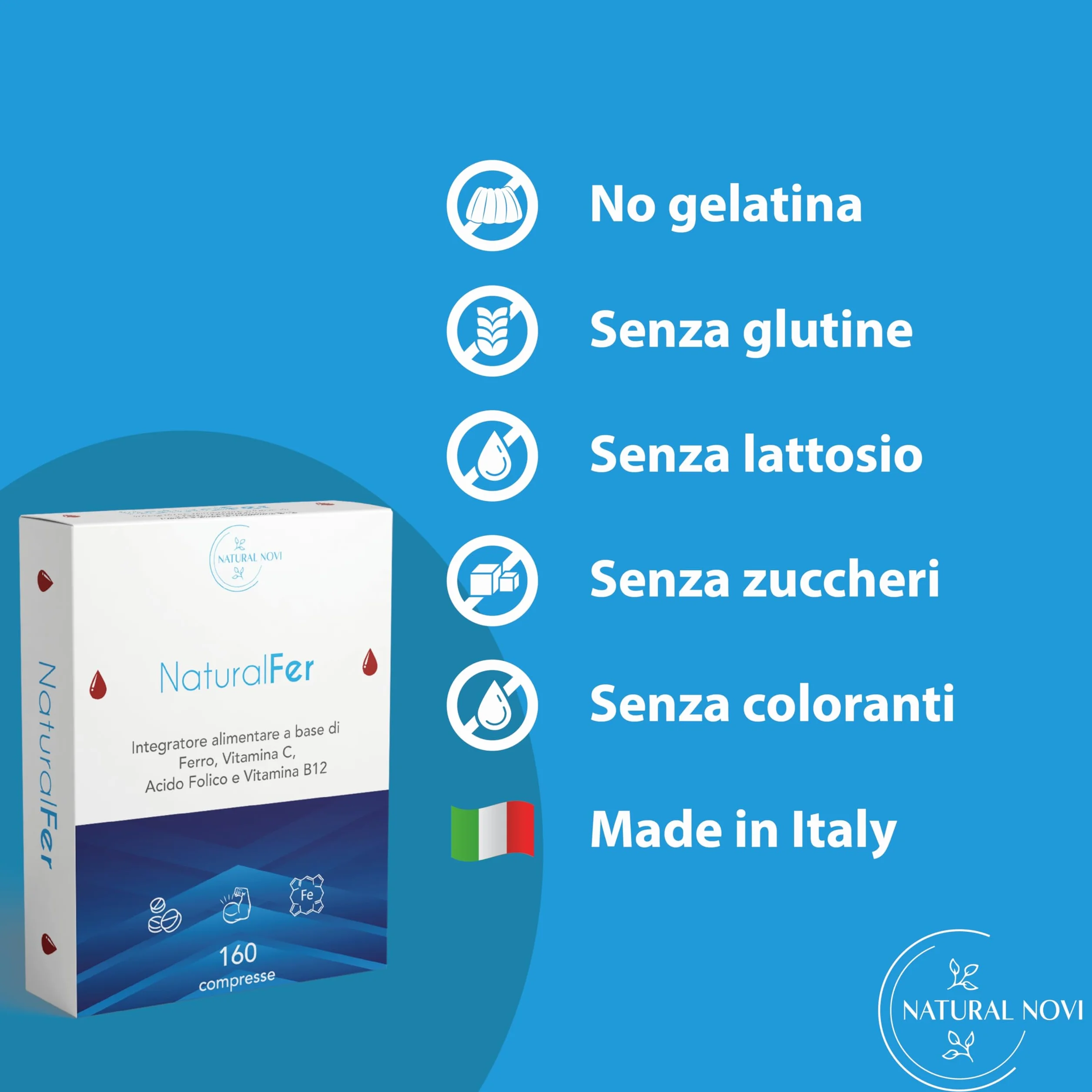 Ferro Integratore 28mg NaturalFer® | 160 compresse | Vitamina C + Vitamina b12 e acido Folico | Supporto Energetico e stanchezza | Senza Glutine | Senza Lattosio