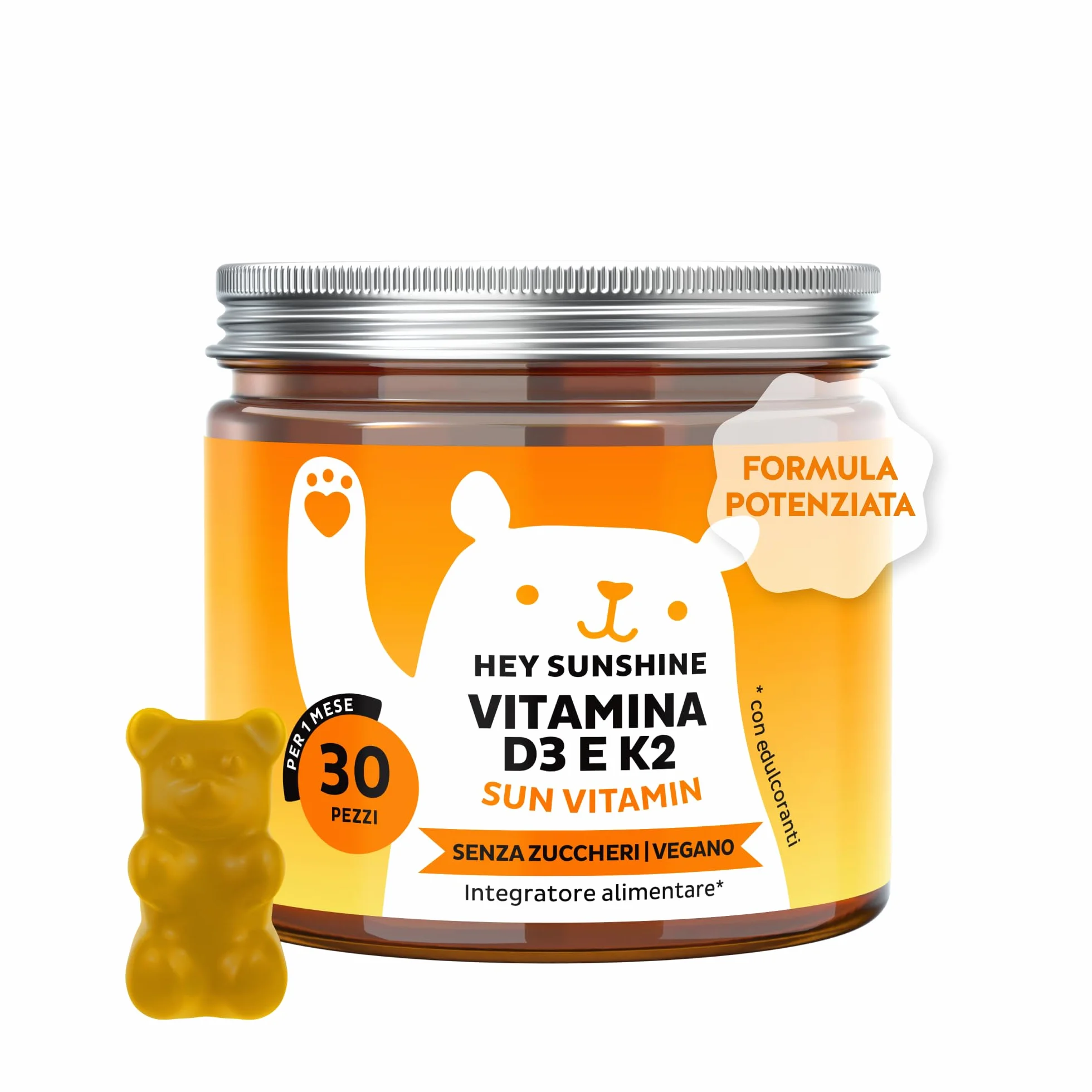 Vitamina D3 K2 - Hey Sunshine – Caramelle gommose con Vitamina D3 25 µg (1000 UI) e K2 – Funzione normale del sistema immunitario – 30 pezzi (1 mese) – Senza zucchero, Vegane – Bears with Benefits