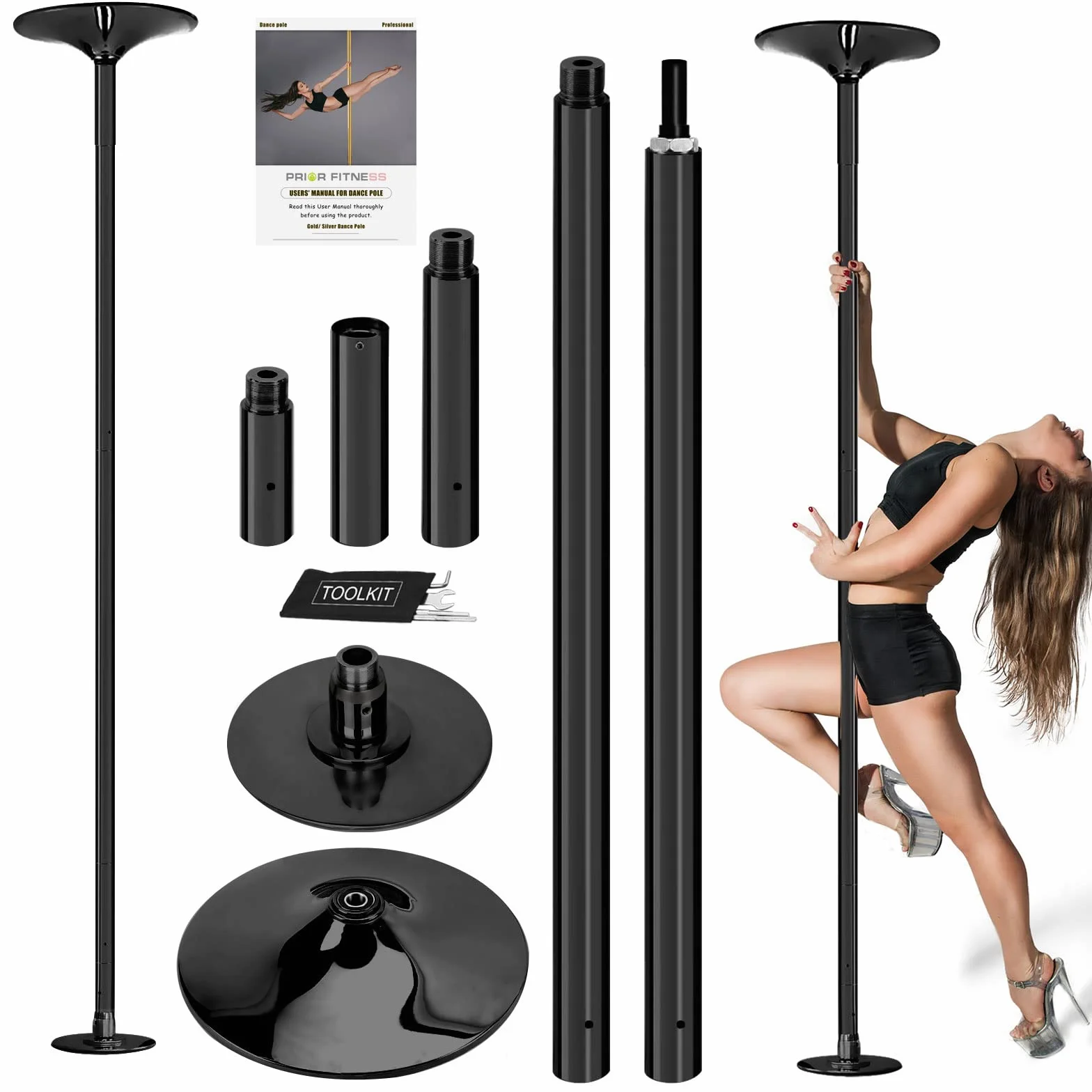 PRIOR FITNESS Pole Dance Asta da ballo 45 mm 2,35-2,74 m regolabile rotante/statica 200 kg club feste