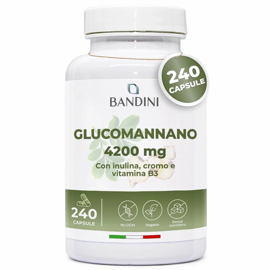 Bandini® GLUCOMANNANO FORTE 4.200 mg per Dose Giornaliera, 240 CAPSULE, Arricchito con Cromo, Vitamina B3 e Inulina, Integratore Alimentare con Formula Ad Alto Dosaggio, 100% Vegan, Made in Italy