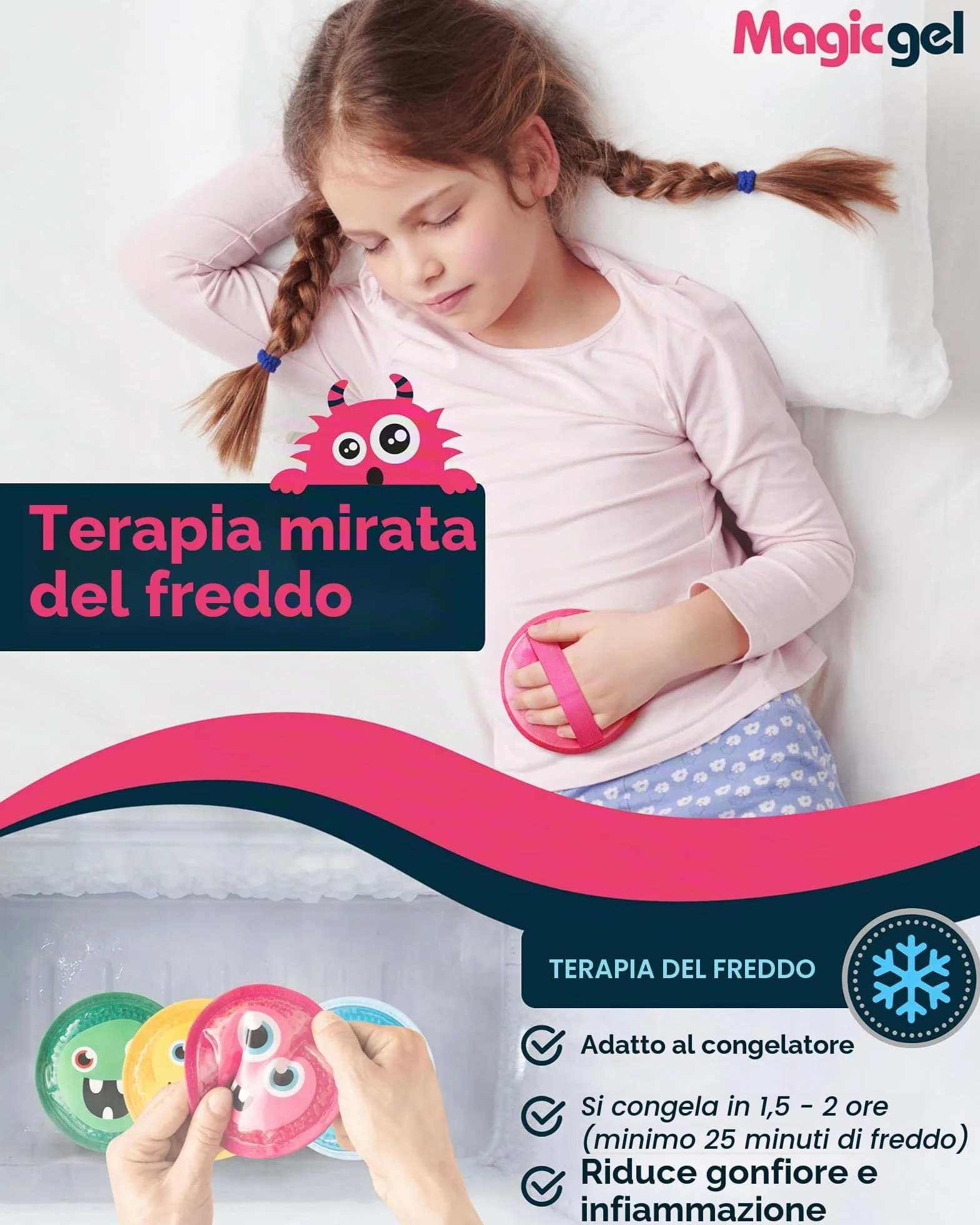 Magic Gel Ghiaccio Gel Riutilizzabile Bambini Set di 4 Impacco Caldo Freddo Freezer Microonde Ginocchio Mal di Denti Febbre Design Piccoli Mostri