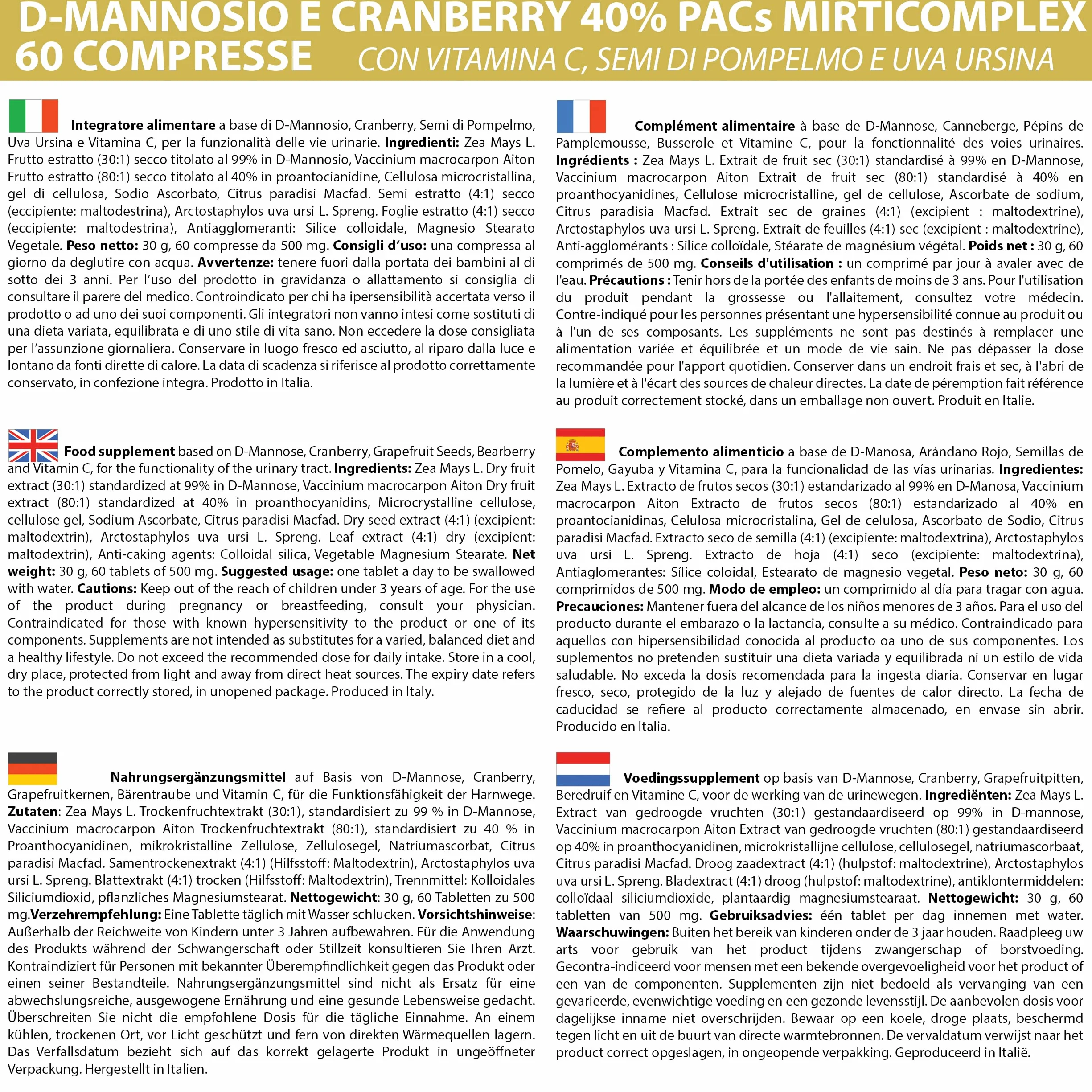 D - Mannosio e Cranberry 40% PAC Mirti Complex con Semi di Pompelmo, Uva Ursina e Vitamina C | 60 compresse 1 al dì | Mirtillo Rosso ad Alto Dosaggio