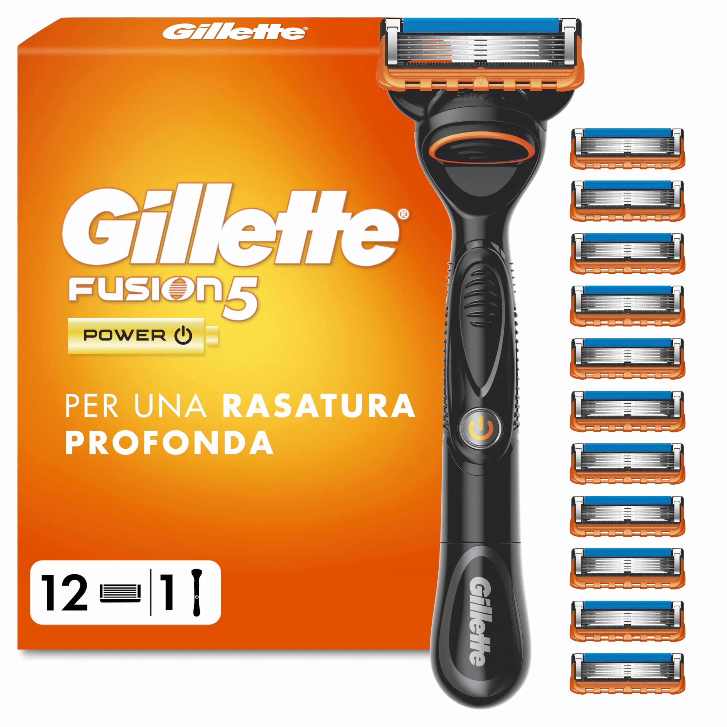 Gillette Fusion 5, 1 Rasoio Barba Manuale e 12 Lamette da Barba di Ricambio per Rasoio Manuale Fusion5, da 5 Lame, Rasatura Scorrevole con Striscia Lubrificante, Fino a 1 Mese di Rasatura per Lametta