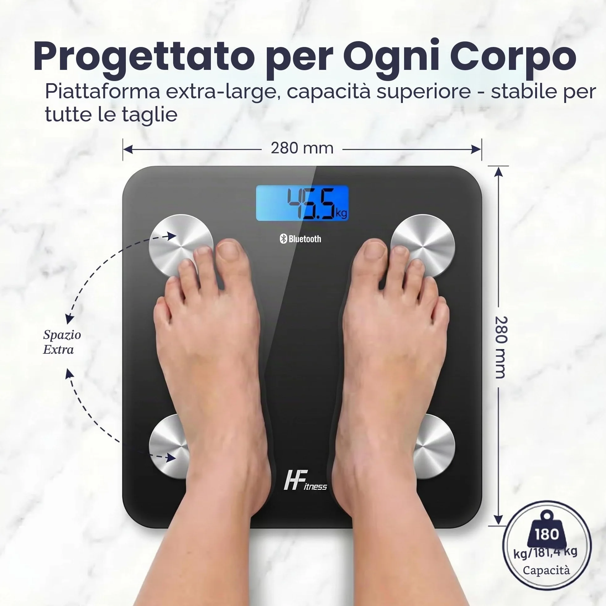 HF Bilancia Pesapersone Professionale Impedenziometrica Bluetooth Digitale con App Misura Peso Corporeo, Massa Grassa, BMI, Massa Muscolare, Massa Ossea, Proteine (Nero con retroilluminazione blu)