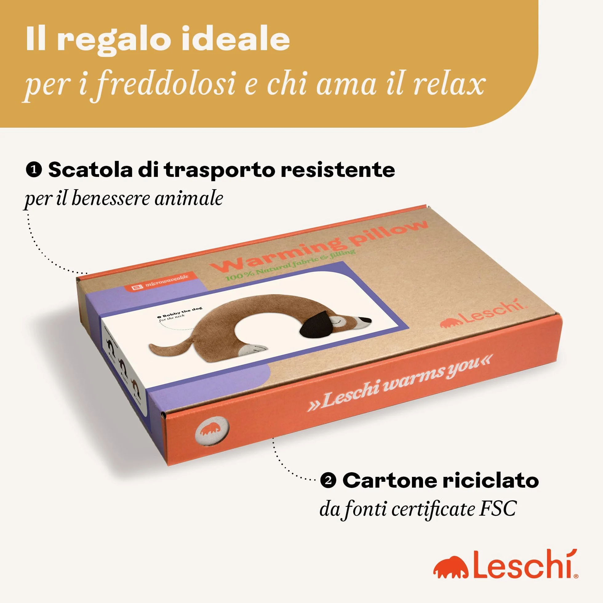 LESCHI Cuscino cervicale termico per microonde - 100% cotone e grano biologico - Cuscino riscaldante ideale per sciogliere tensioni a collo, spalle e schiena - Cane, beige