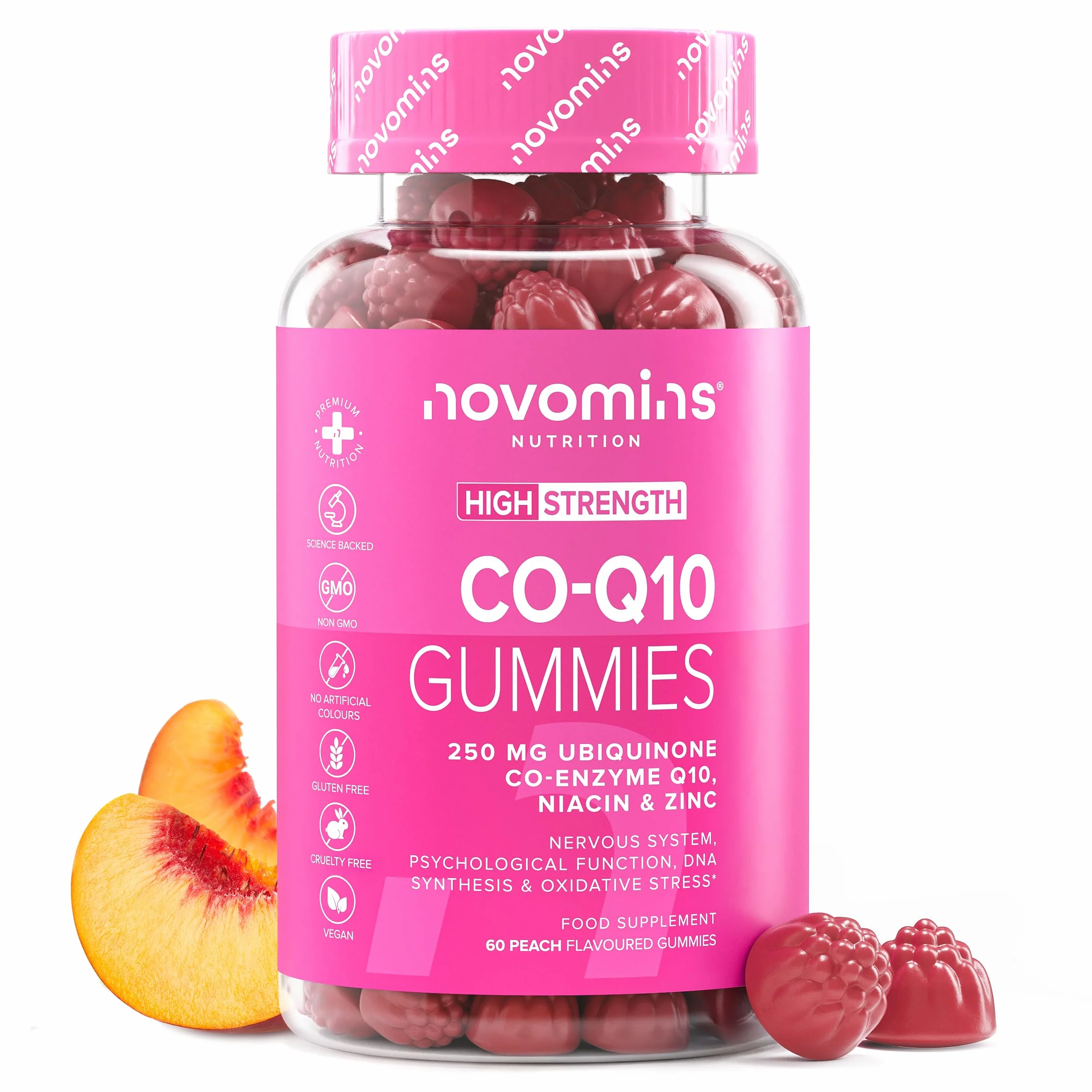 Coenzima Q10 Gommose – 250 mg di CoQ10 (Ubichinone) ad Alta Concentrazione – con Zinco e Vitamina B3 – Energia e Difese – Vegan – 60 Gommose Gusto Arancia – Novomins