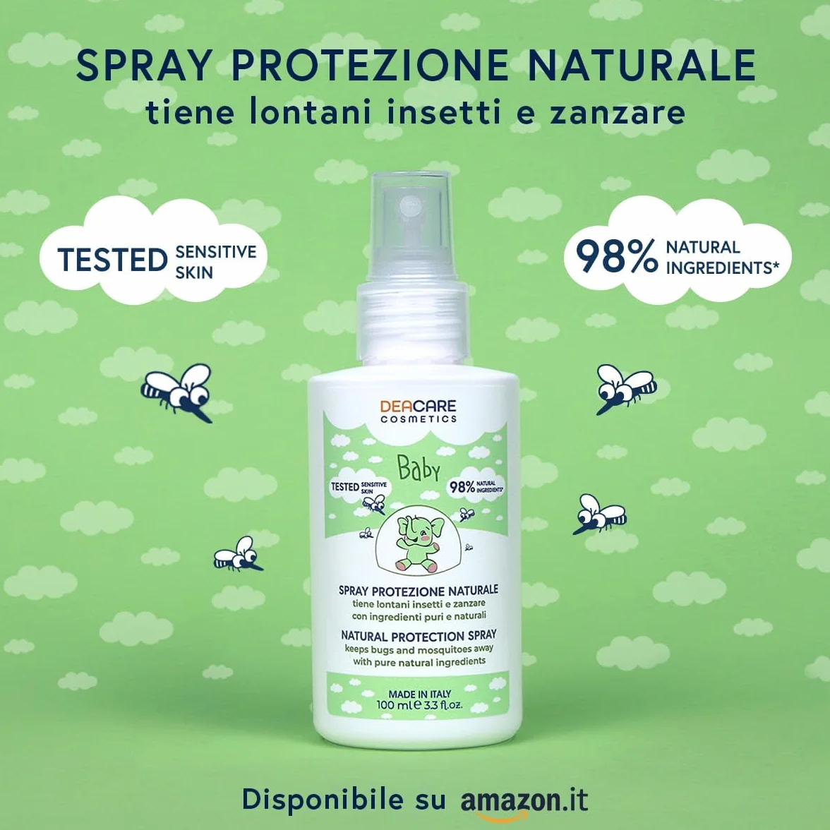 Deacare Baby KIT 2 SPRAY PROTEZIONE ZANZARE E INSETTI NATURALE, Spray Protettivo Bambini con Olio Essenziale di Citronella, 2x100ml