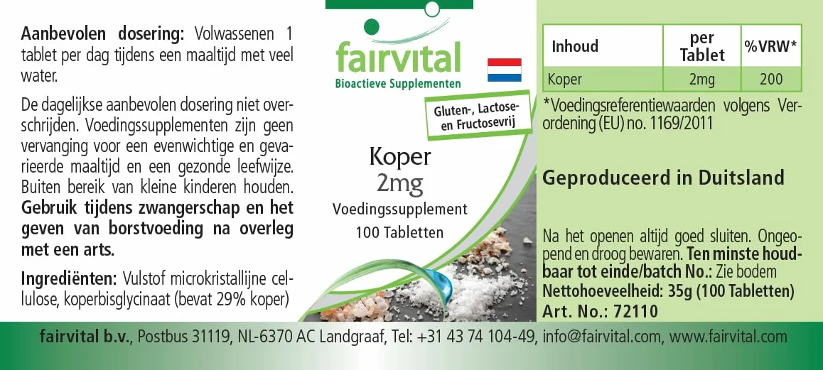 fairvital Compresse di rame 2 mg, ALTO DOSAGGIO, integratore alimentare a base di bisglicinato di rame, vegano, 100 compresse, facili da deglutire