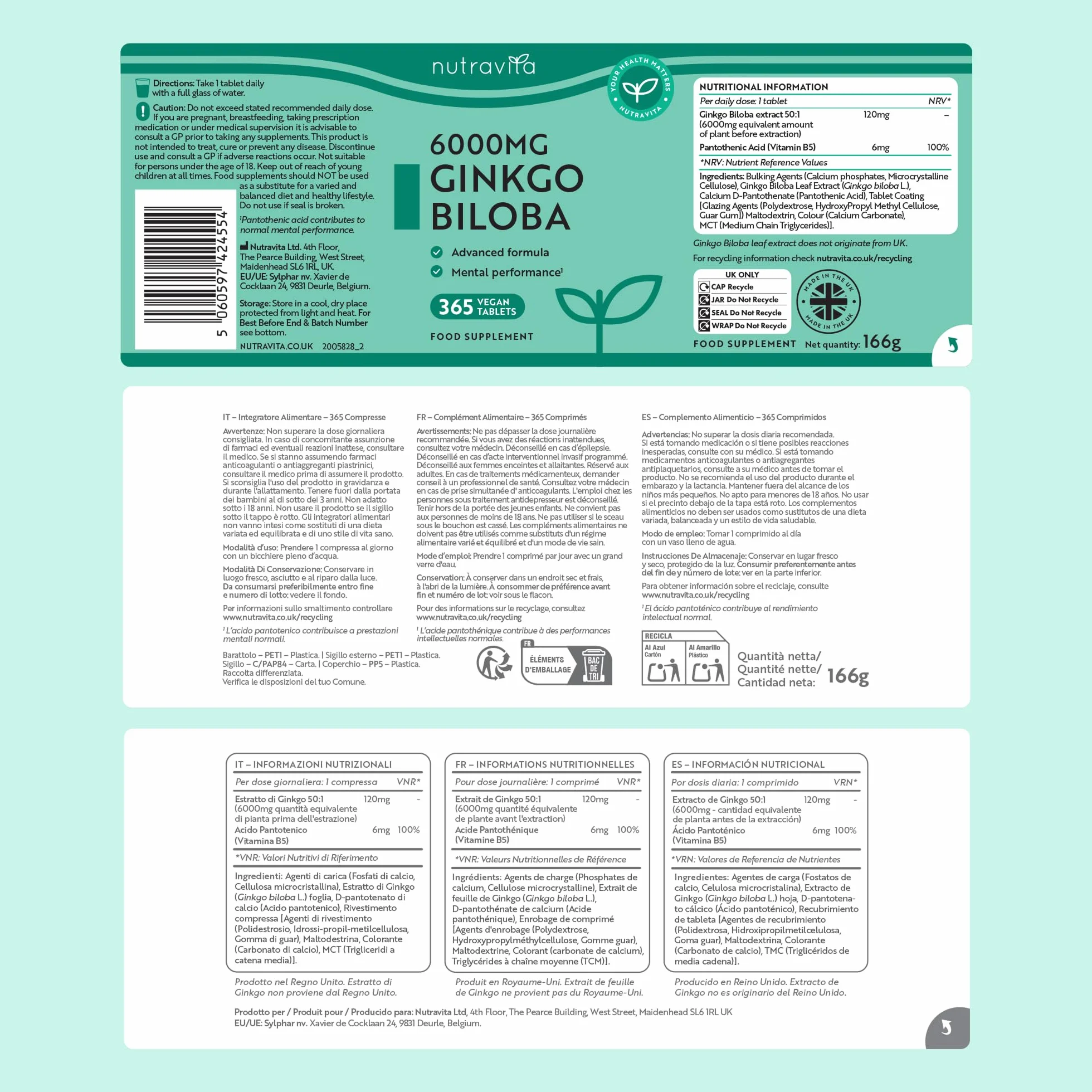 Nutravita Ginkgo Biloba 6000 mg 365 Compresse Vegane Integratore Alimentare con Vitamina B5 Estratto 50:1