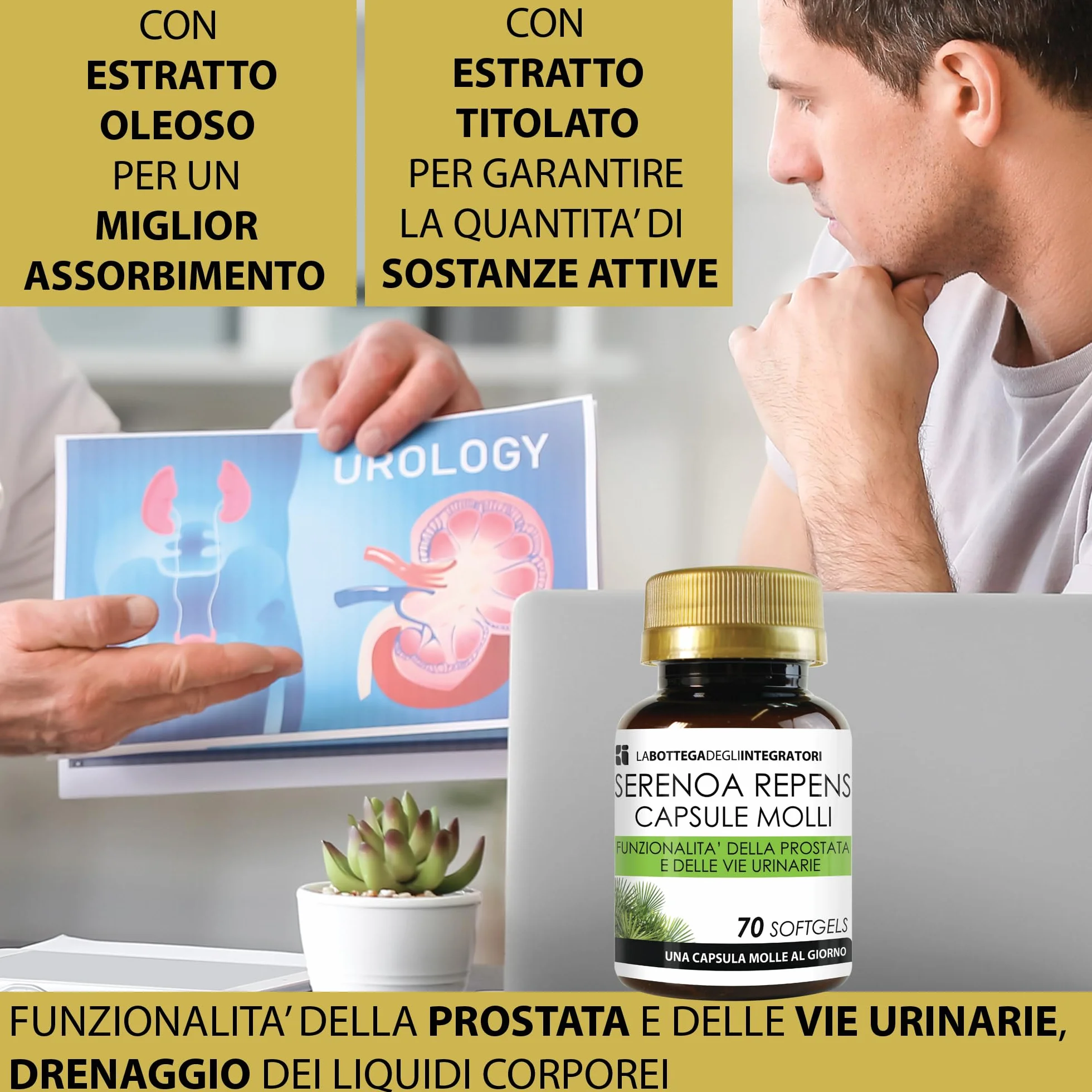 SERENOA REPENS 320 MG TITOLATO AL 90% 70 SOFTGELS CAPSULE MOLLI PER PROSTATA E VIE URINARIE LA BOTTEGA DEGLI INTEGRATORI