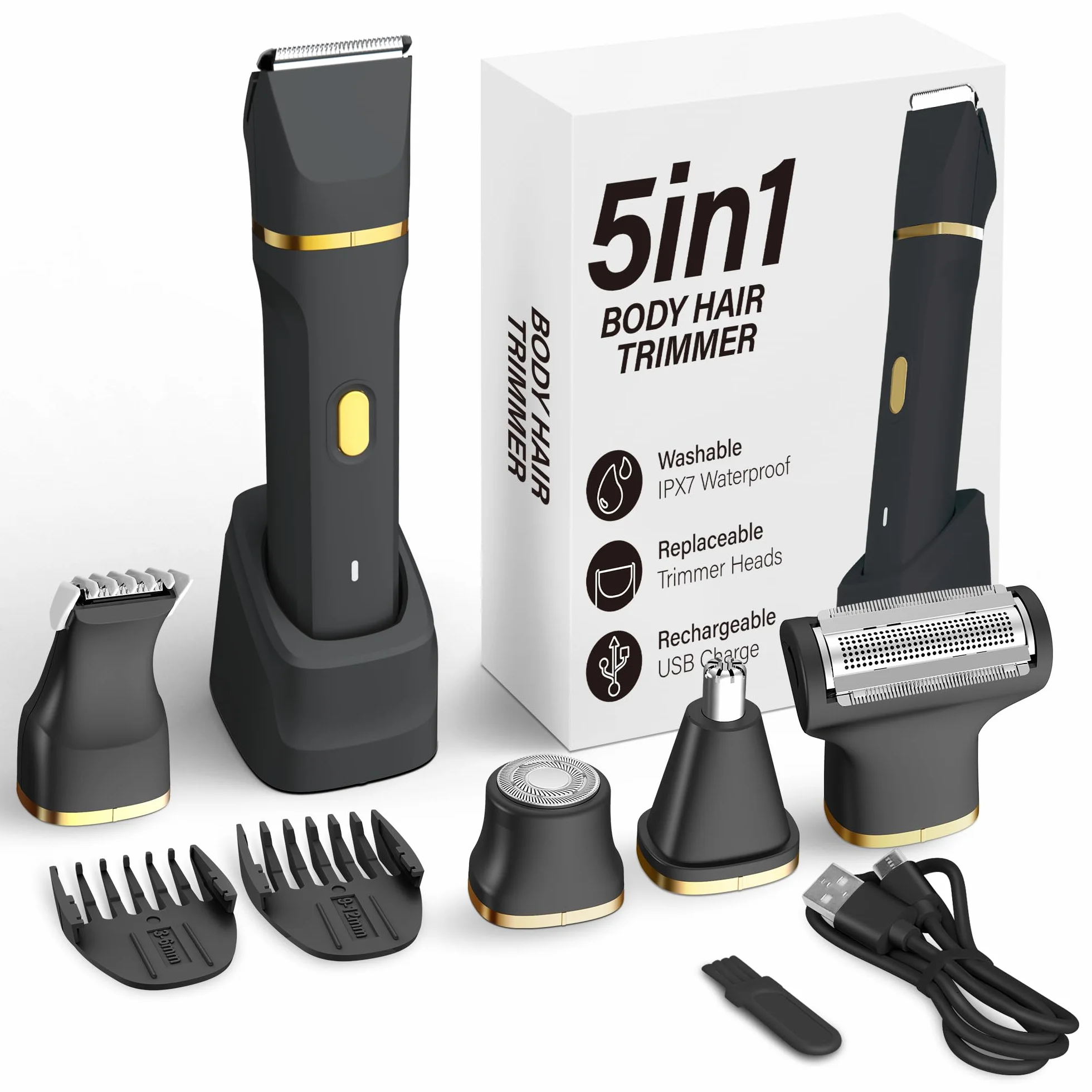 5 in 1 Rasoio elettrico per bikini da donna, impermeabile IPX7, senza fili, per corpo e viso, con lame in ceramica, kit per la depilazione indolore, Nero