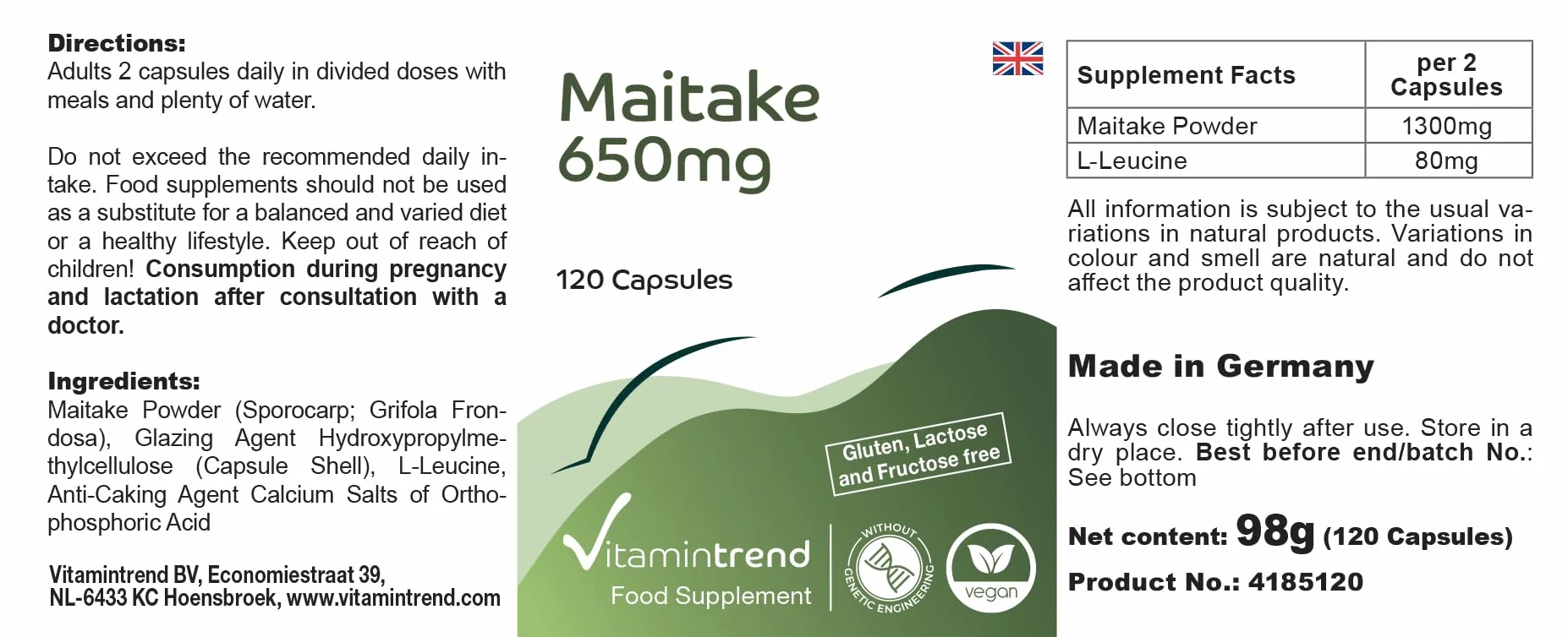 Vitamintrend Polvere di Maitake 650 mg, 120 capsule, ad alto dosaggio, adattogeno, integratore alimentare vegano senza stearato di magnesio, prodotto in Germania