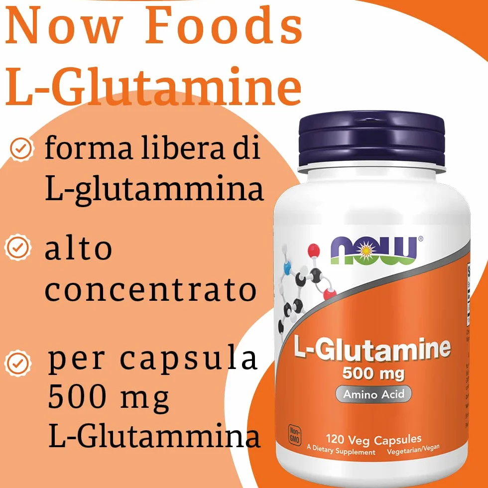 Now Foods, L-Glutamine (L-Glutammina), 500 mg, 120 Capsule vegan, Testato in Laboratorio, Aminoacido, Senza Glutine, Senza Soia, Vegetariano