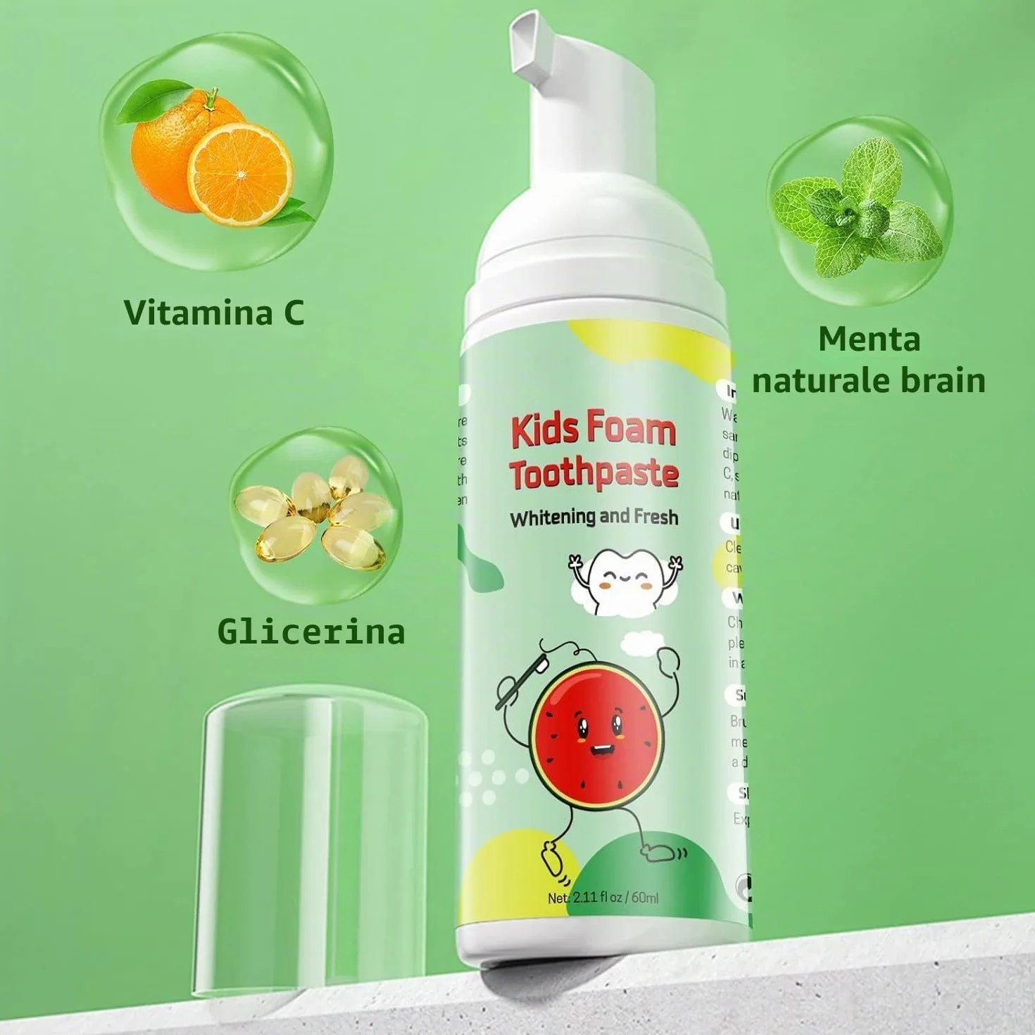 Dentifricio Schiuma Bambini, Riduce la Placca, Dentifricio in Schiuma Sbiancante a Basso Contenuto di Fluoro con Formula Naturale per Spazzolino a Forma di U dai 3 Anni in su (Fragola & Anguria)