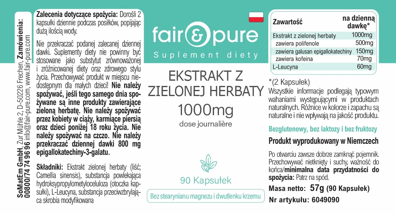 Fair & Pure® - Estratto di tè verde 1000 mg (Camilla sinensis) - 90 capsule - 50% polifenoli (tra cui EGCG) - vegano - senza magnesio stearato