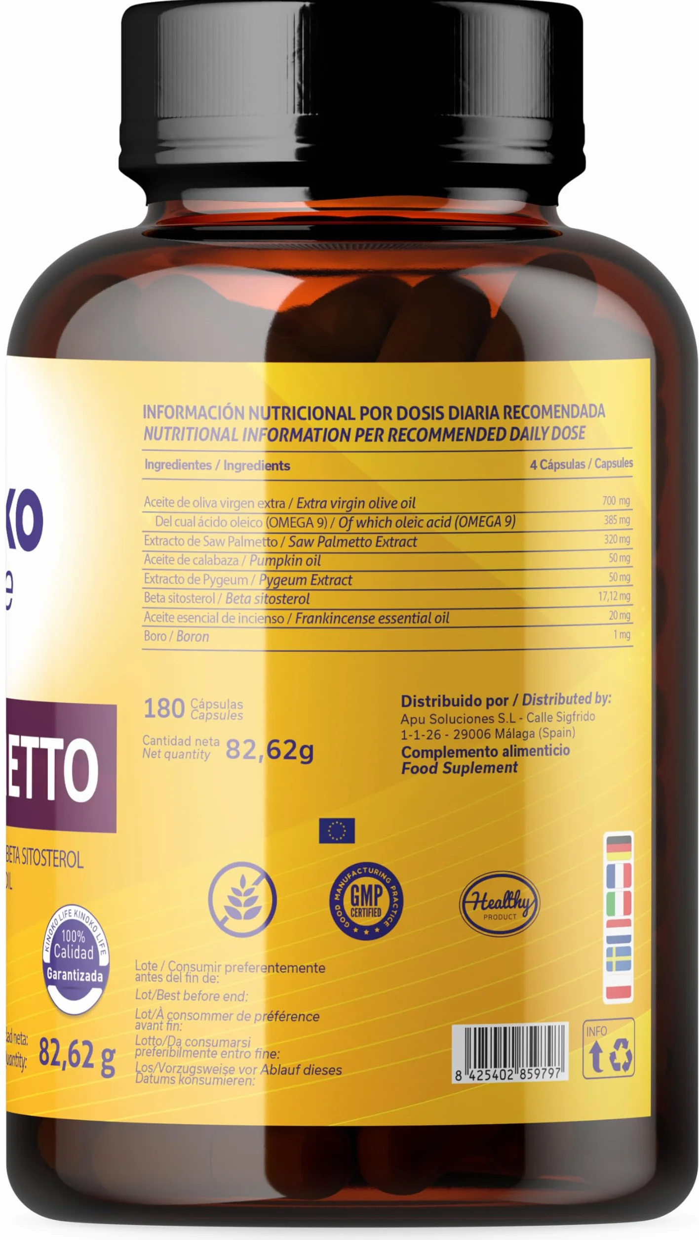 Kinoko Life Saw Palmetto 320 mg 180 capsule Estratto lipidosterolico puro 85-95% con Omega 9 Olio di Semi di Zucca Pygeum Africanum Serenoa Repens Capelli e Prostata