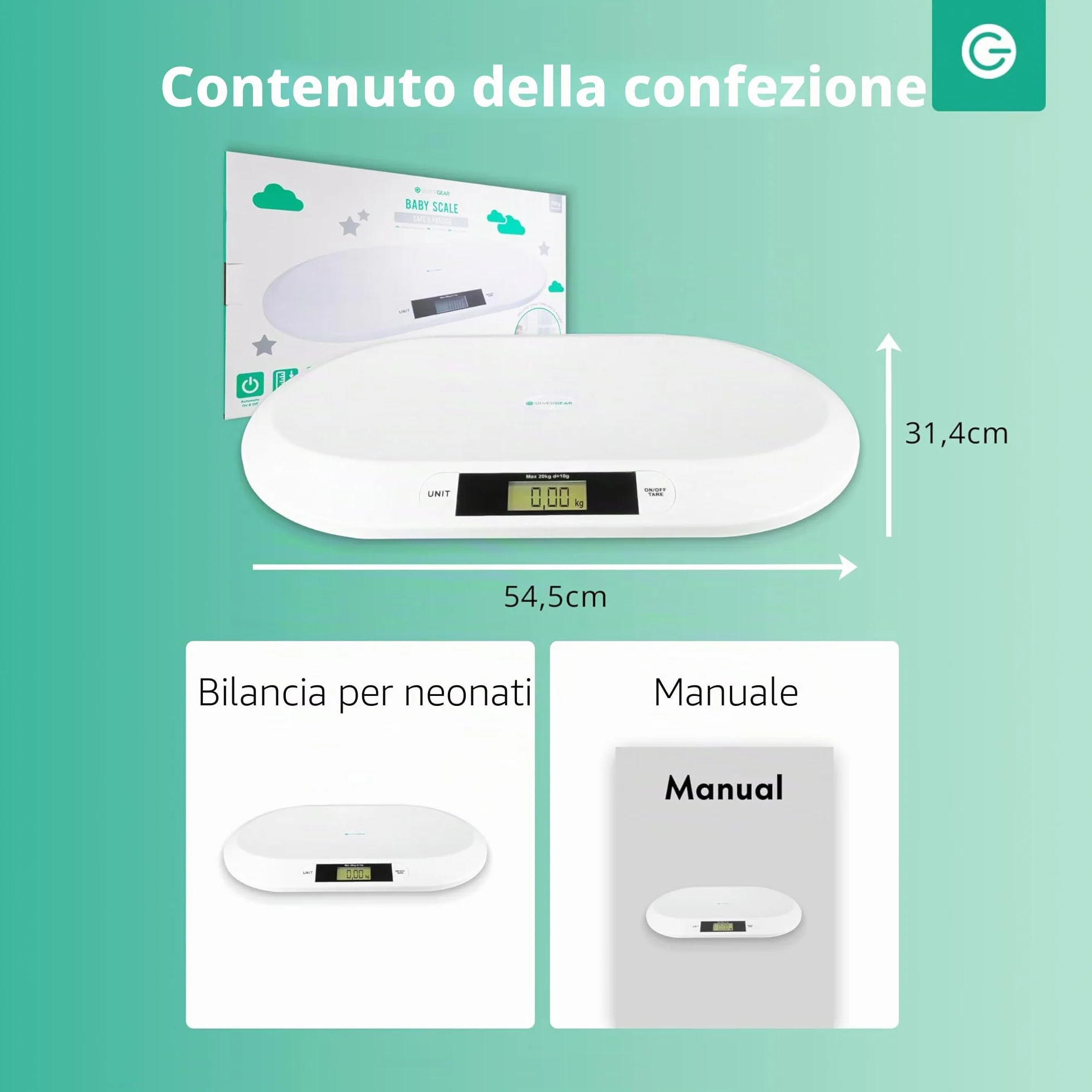 Silvergear Bilancia Digitale per Neonati 20 kg LED Bianco 54,5x31,5x3,5 cm