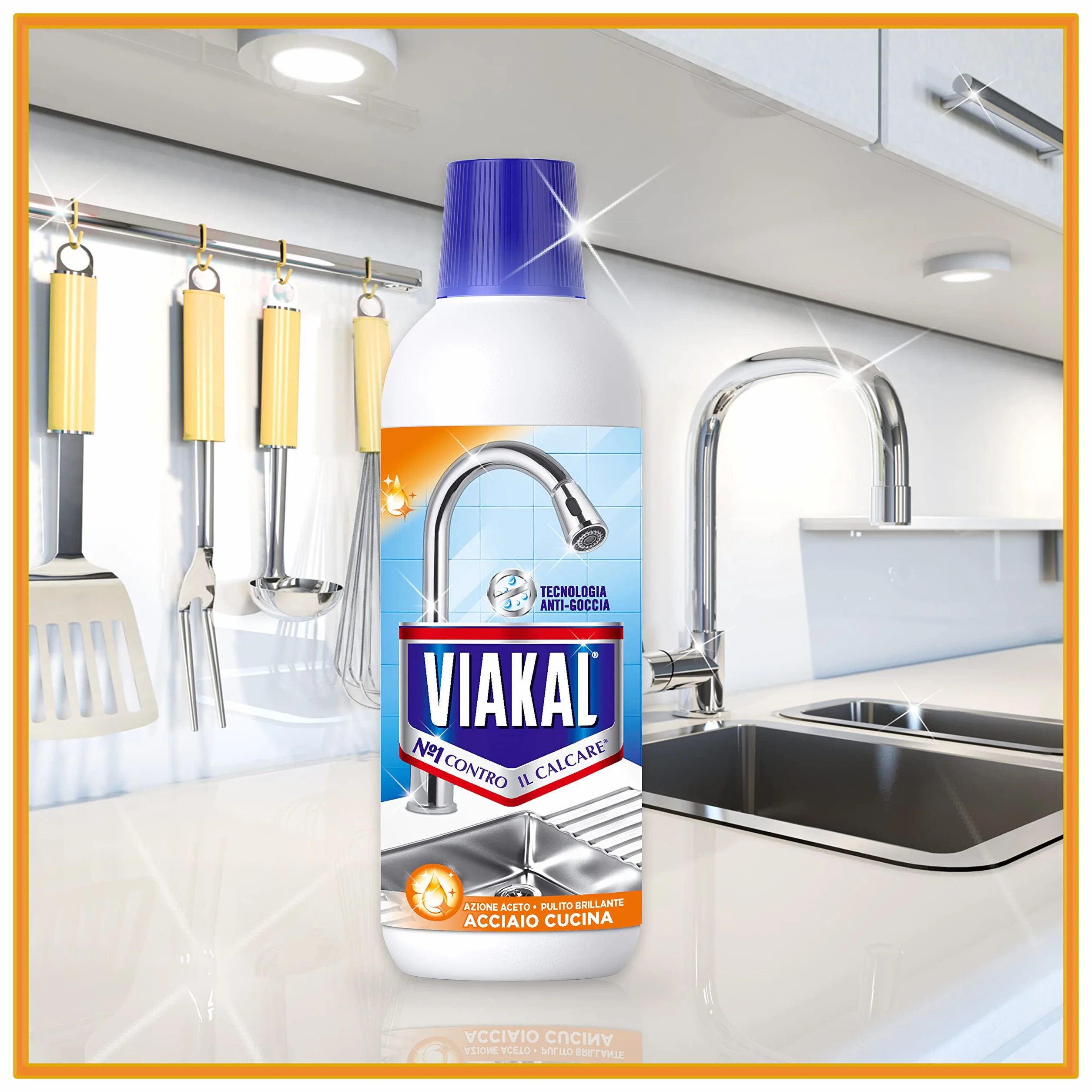 Viakal Anticalcare Detersivo Liquido Acciaio Cucina, 10 x 470 ml, Rimozione Calcare 100%