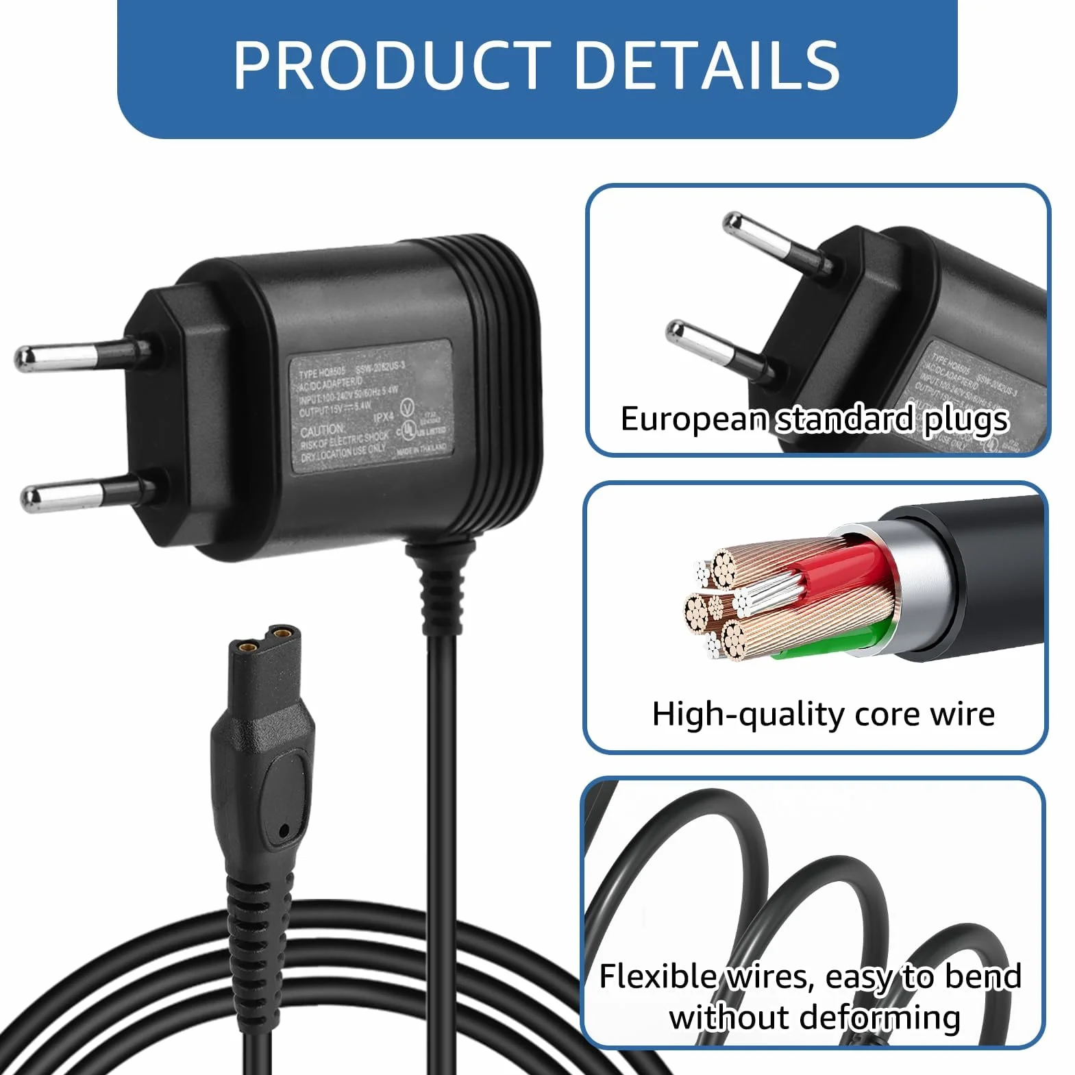 Caricabatterie Rasoio 15 V Compatibile con Philips HQ8505 MG7745 MG7730 MG7720 MG7710 QP6510 QP6520 QP6530 QP6541 QP6550 QP6620 QP6650 RQ HQ AT PT BT